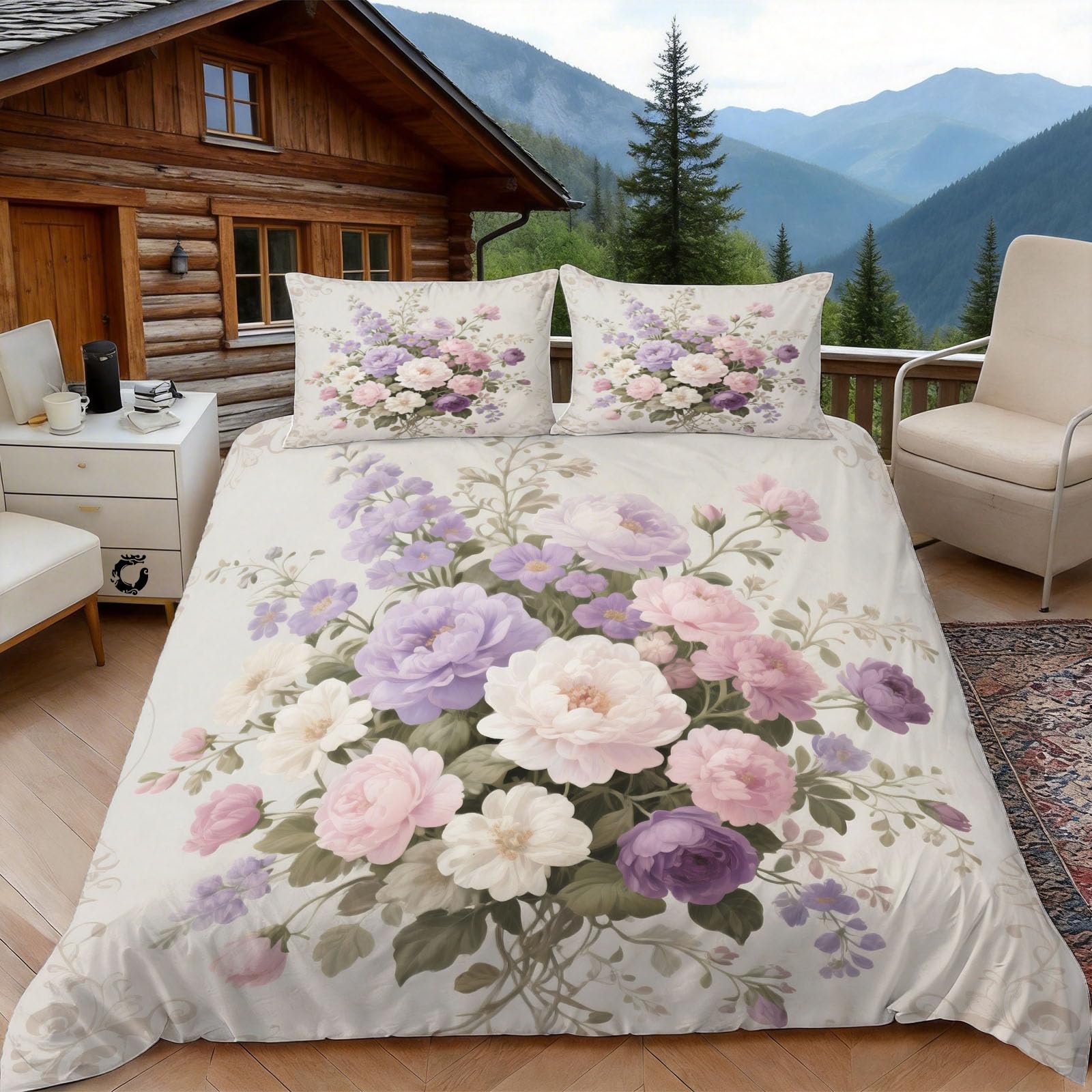 Housse de couette 240x260 fleur pour lit 2 personnes avec taies