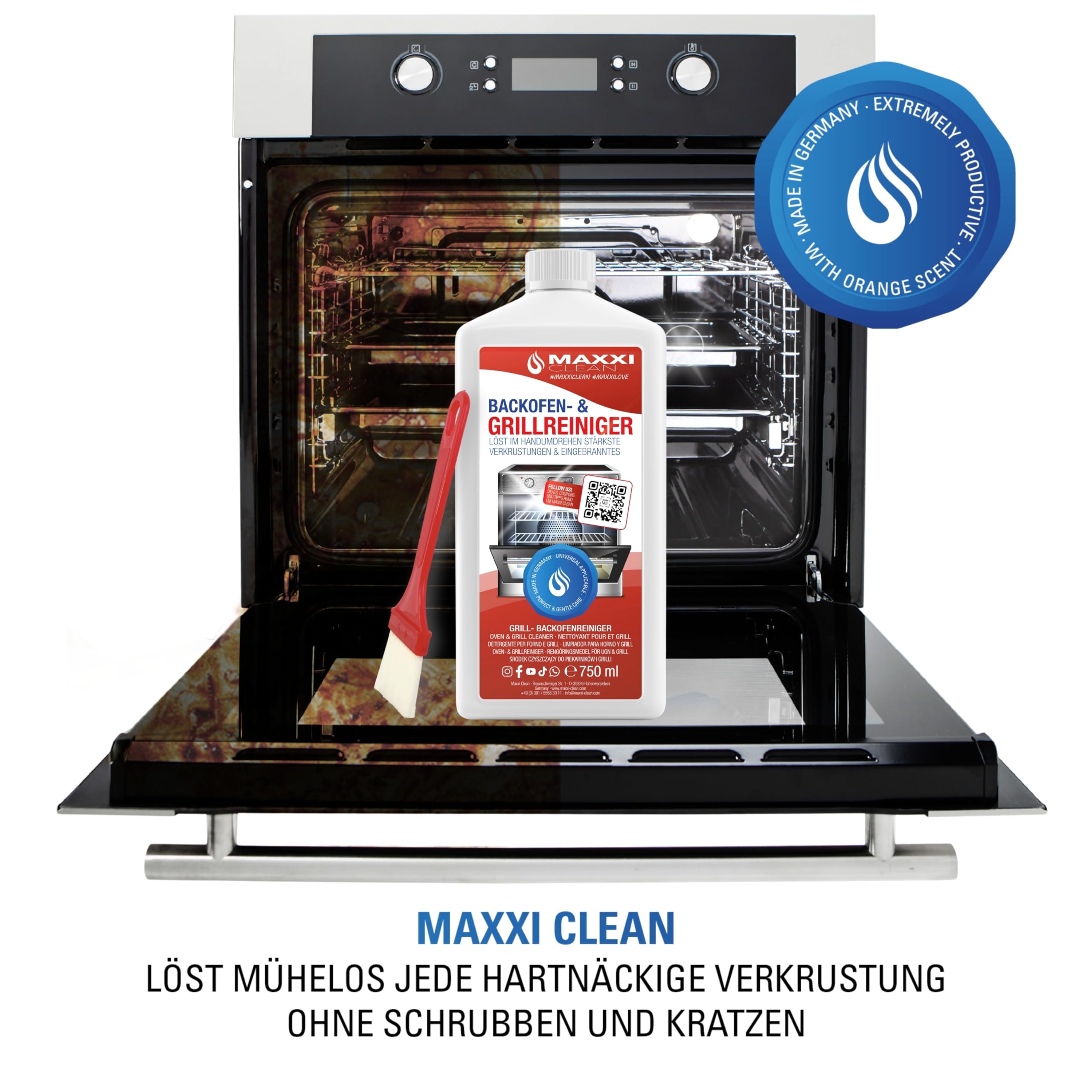 Maxxi Clean | Kit di pulizia per forno e grill | 750 ml di gel con 1 pennello | detergente e sgrassatore extra potente per forno, piano cottura e grill | scioglie le incrostazioni