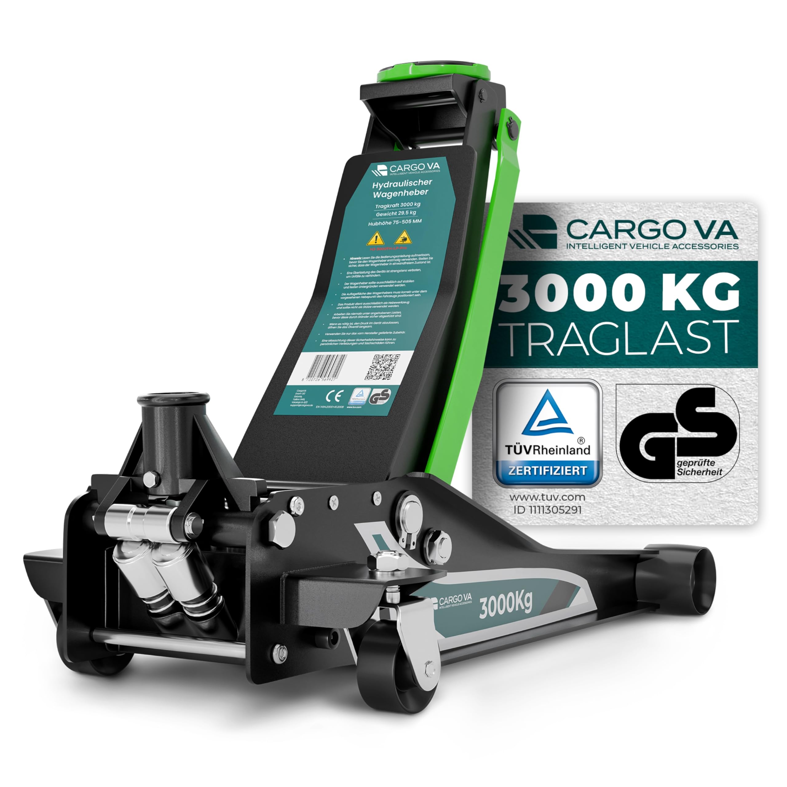 Hydraulischer Wagenheber 3T PRO - TÜV & GS Zertifiziert - Rangierwagenheber 75-505mm flach für PKW SUV & tiefergelegt - 5 Jahre Garantie - CargoVA