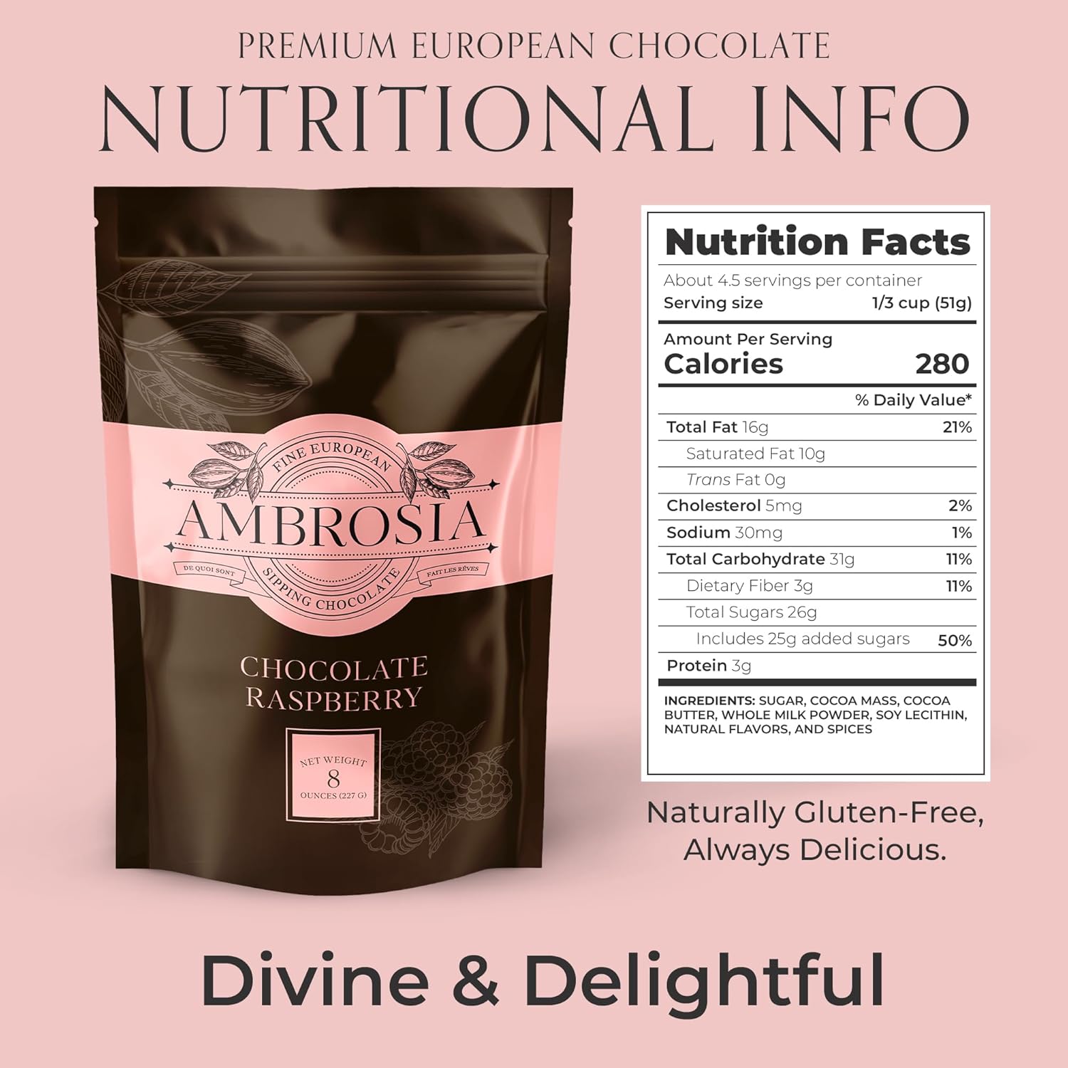 Ambrosia Raspberry Sipping Chocolate - Handcrafted with 100% Real European Cocoa - Our European Drinking Chocolate Makes Luxurious & Velvety Smooth Hot Coco (Raspberry, 8oz. Packet)