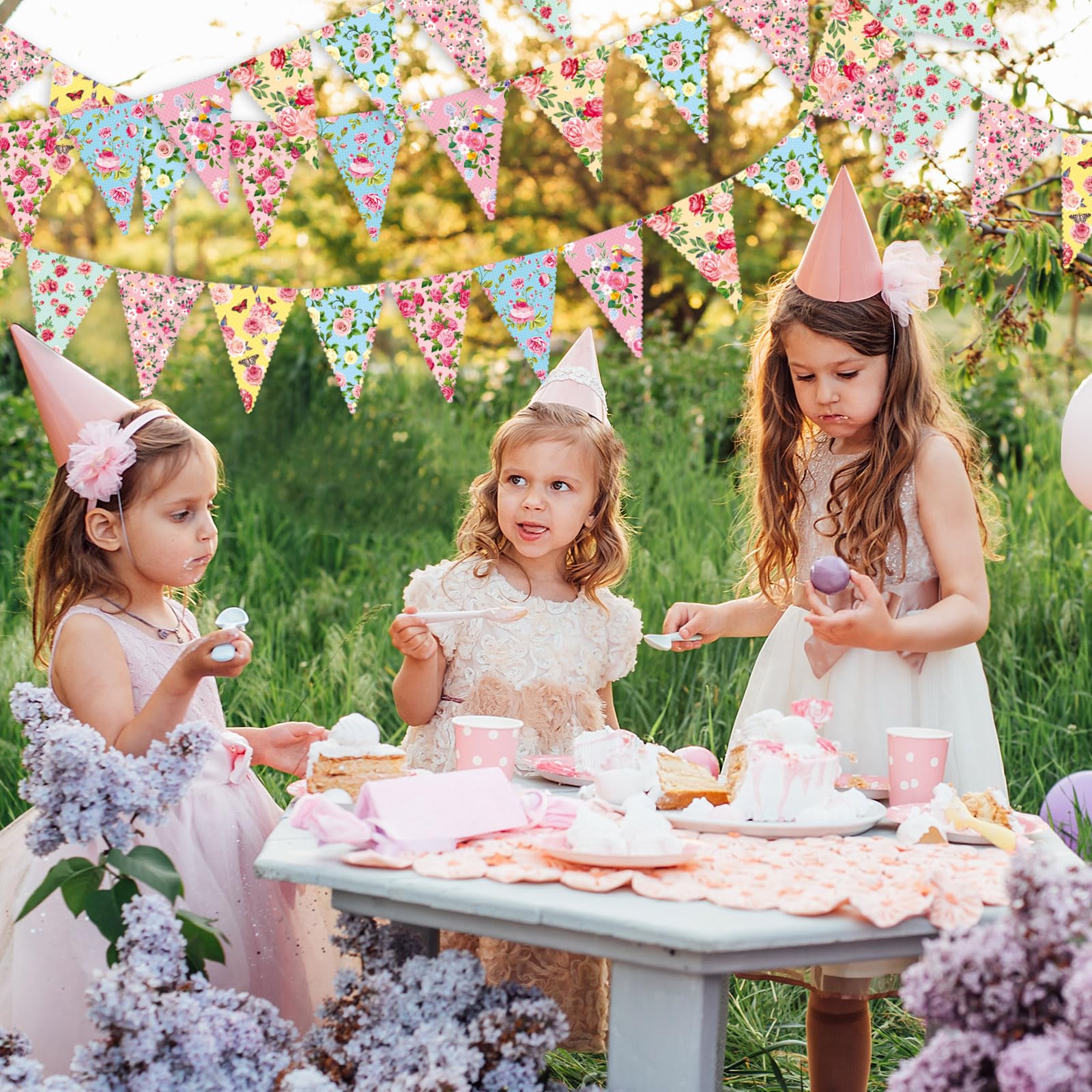 Faccito 49 Ft 60 Pcs Tea Floral Party Paper Bunting Decor Outdoor Bunting Banner Floral Pennant Wildflower Garland Tea Party Birthday Supplies for Wonderland Garden Baby Shower Bridal Wedding Bedroom