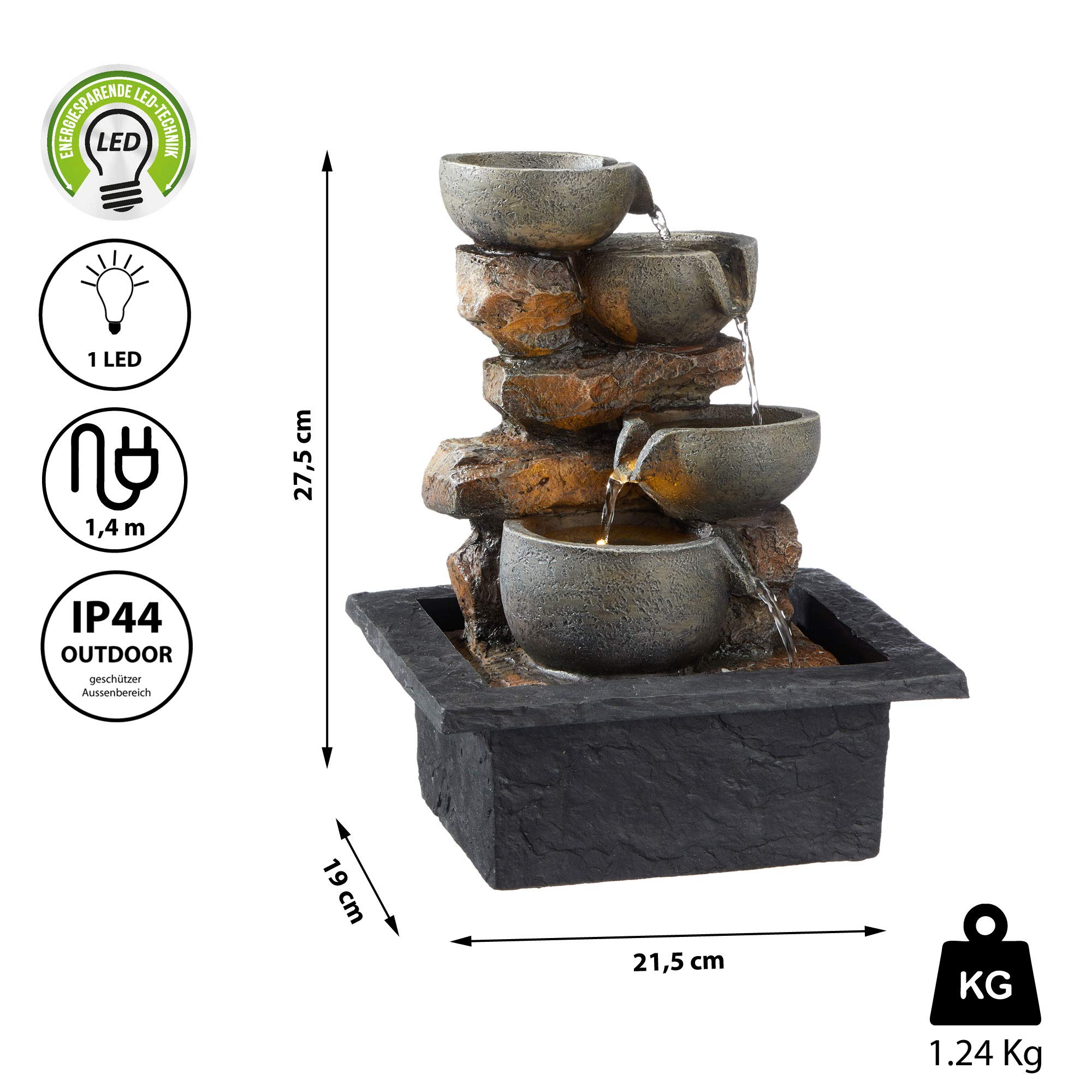 Zimmerbrunnen mit Beleuchtung │in Steinoptik Höhe 27,5 cm │Feng Shui Design │Springbrunnen mit Pumpe (1 x LED Brunnen Design7)