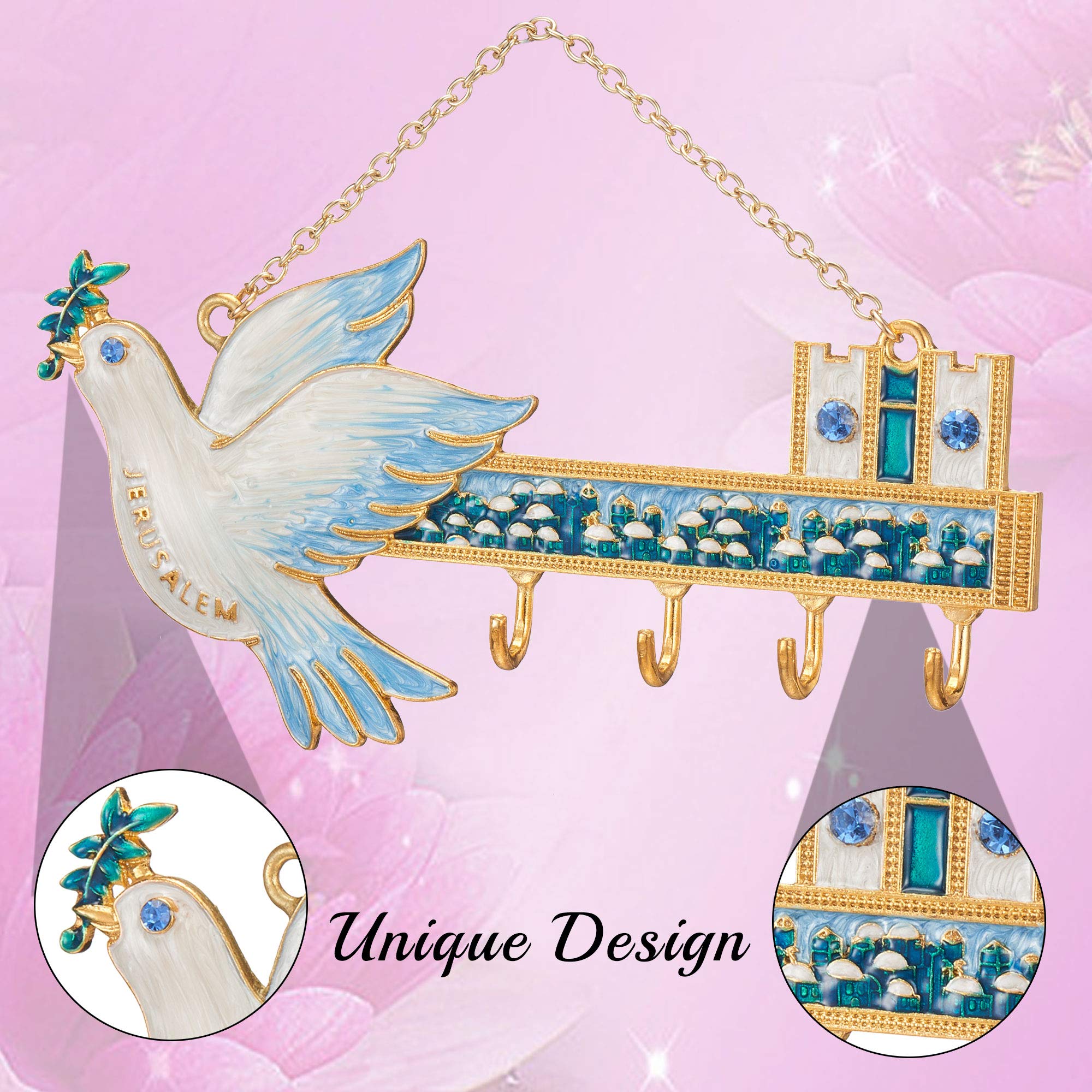 Matashi Hand-Painted Blue and Ivory Enamel Dove and Jerusalem Cityscape Design Decorative Hanging Wall Hooks for Entryway Hallway Bedroom Kitchen and Home Decor