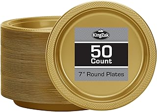 Collection Gold Plastic Plates 7 Inch - 50 count - Plastic Solid Round Party Plates For Weddings, BBQs, Birthday Plates - Disposable Gold Plates - Plastic Dessert Plates