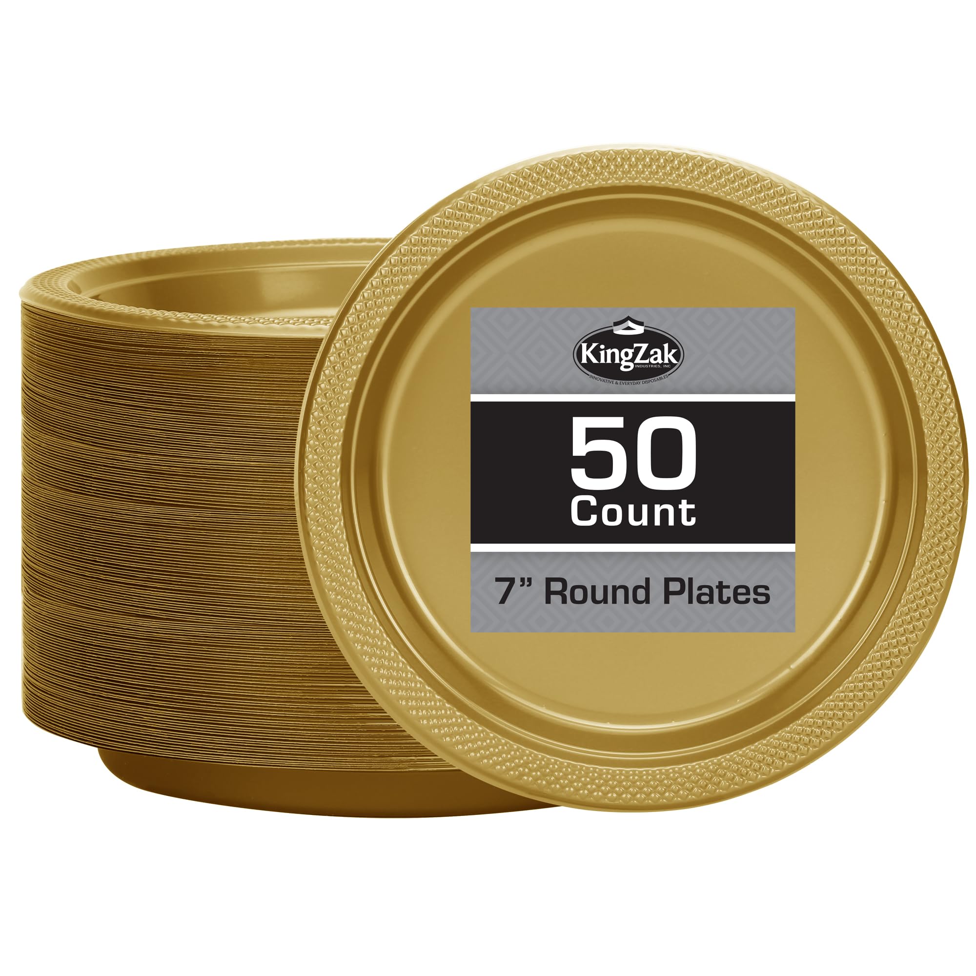 KingZak Gold Solid Color Premium Heavy Weight Plastic Appetizer Plate (7") 50 Count - Elegant & Durable, Perfect for Parties & Events
