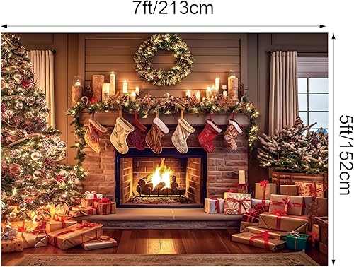 Miniatura 2 de VitalCozy Telón de fondo de chimenea de Navidad, árbol de Navidad, decoración de fondo de poliéster para accesorios de estudio fotográfico (8 x 6