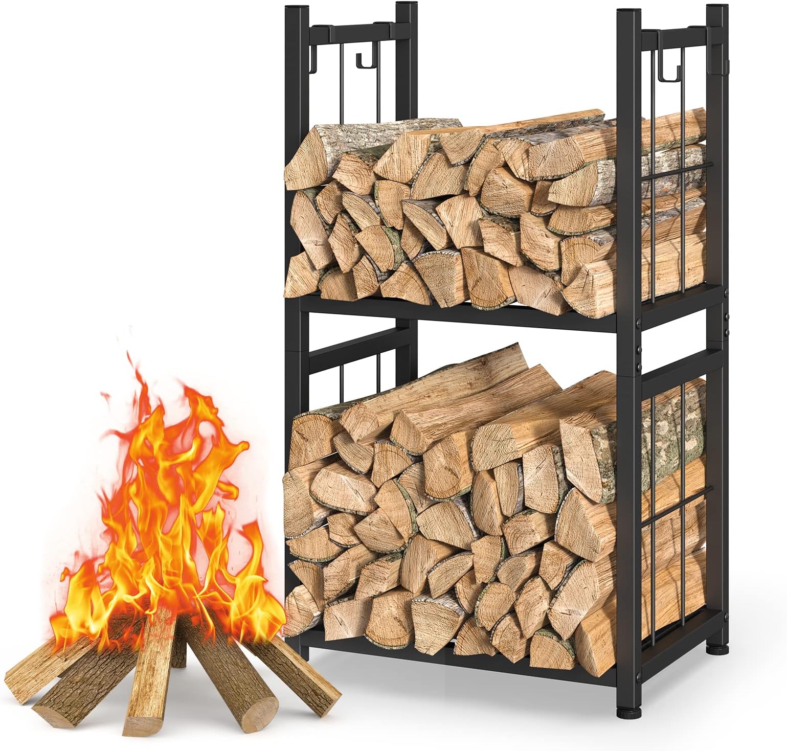 Firewood Rack Indoor, Portable 2 Tier Firewood Rack, Sturdy and Easy to Assemble Construction, Outdoor Firewood Rack with 4 Hooks for Storing Wood Logs for Fireplaces, Fire Pits and Stoves - Black