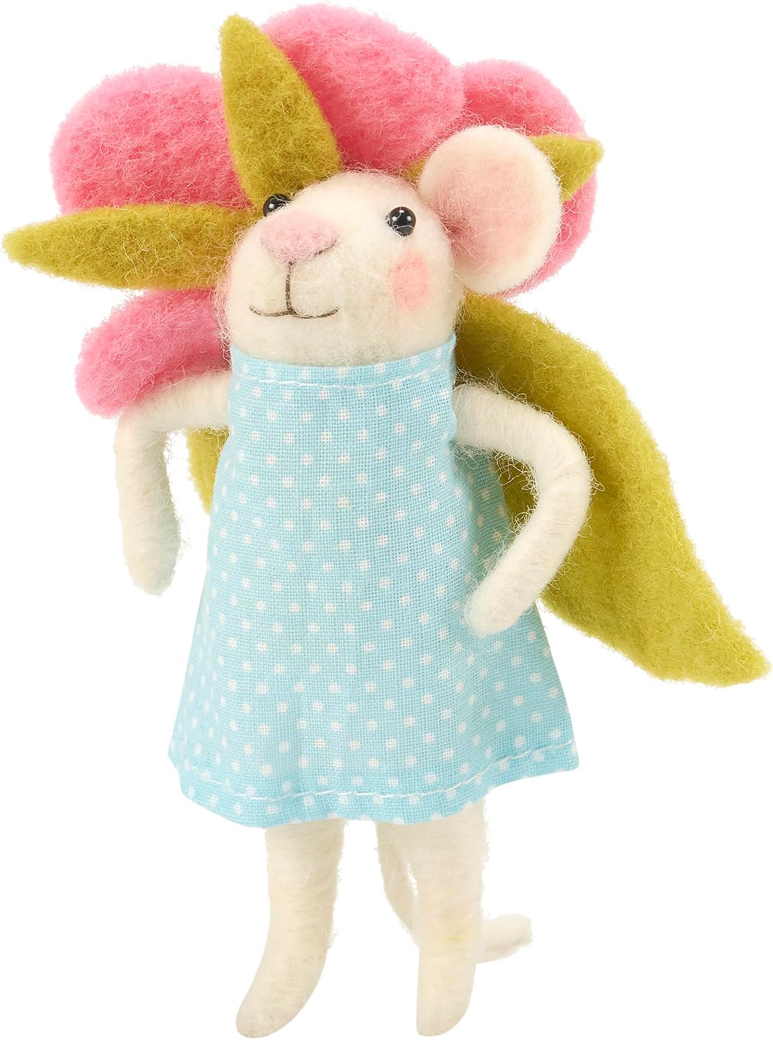 Primitives by Kathy Blue Dress Collectible Felt Critter, 5.75-inch, Handmade Spring Mouse Figurine with Polka dot Fabric Dress - Whimsical Spring & Easter Tiered Tray, Shelf, or Tablescape Decor