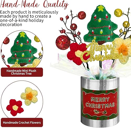 Miniatura 3 de Mini decoración de mesa navideña, árbol de Navidad hecho a mano y flores de ganchillo con base plateada, 8 pulgadas, pequeña decoración festiva para