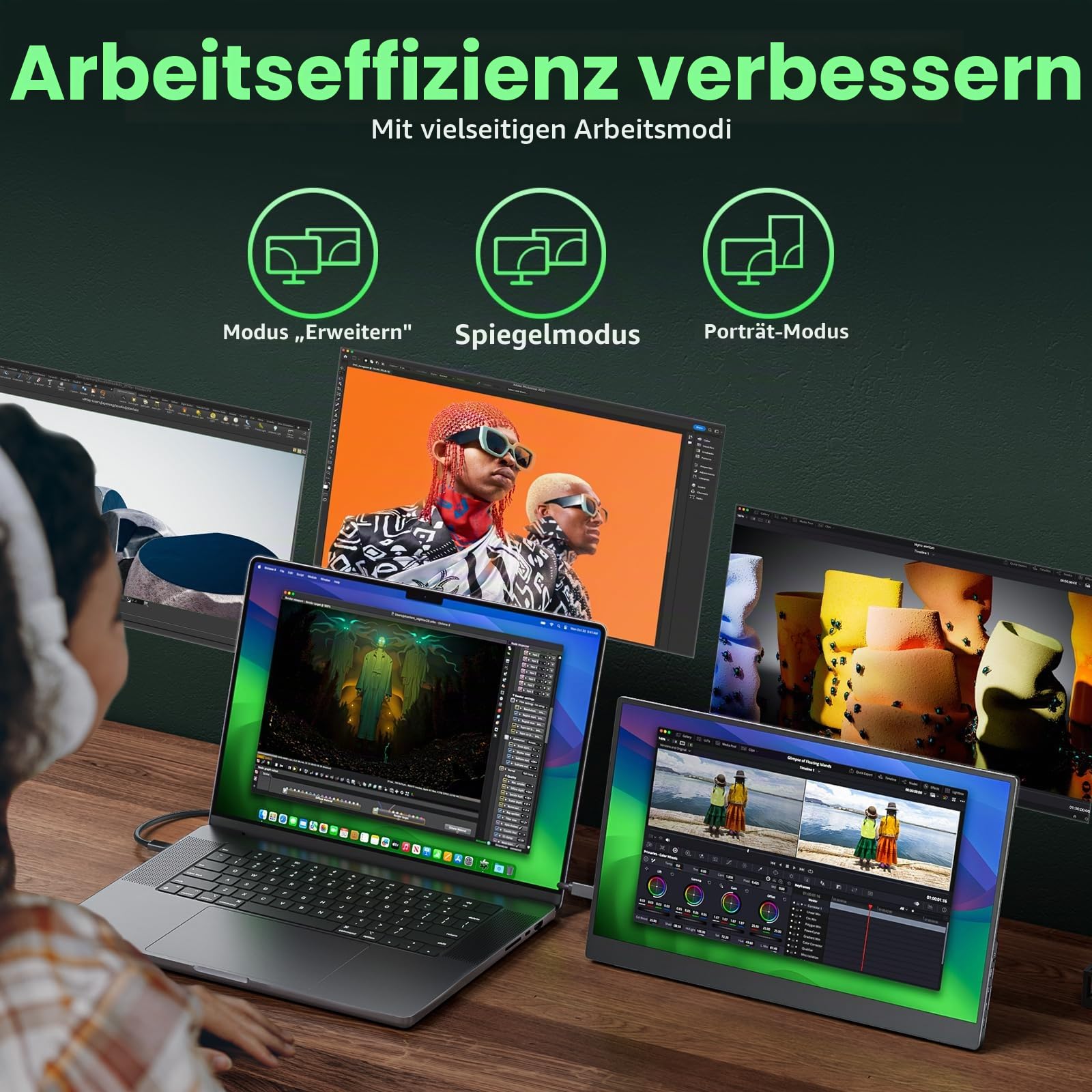cocopar Portable Monitor 15.6 Zoll 1080P FHD 85% sRGB Mobiler Bildschirm HDMI USB-C Tragbarer Monitor für Laptop MacBook Surface PC Xbox, VESA montierbar mit Integrierter Ständer(generalüberholt)