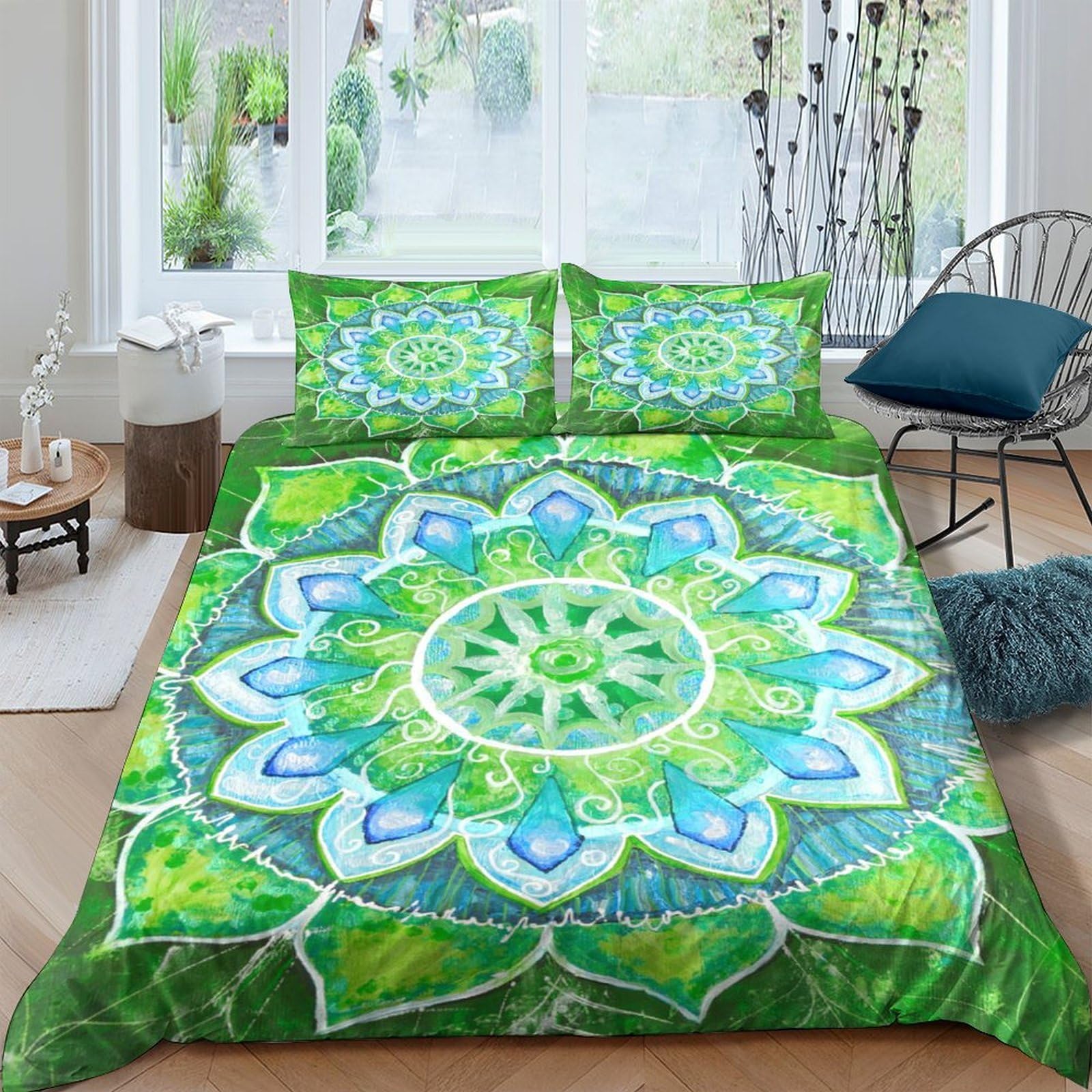 Ctjqhvkz Style-5 3D Printed Green Mandala Fitted Sheet Microfiber Soft Breathable Lotus Pattern Mattress Cover Bedroom Decor Single（135X200cm）