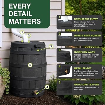 Good Ideas Rain Wizard Water Collection Barrel, 50 Gallon, Black | Faux Wood Design - Plastic Outdoor Home Rain Barrel, Rainwater Storage Collector with Metal Spigot and Flat Back