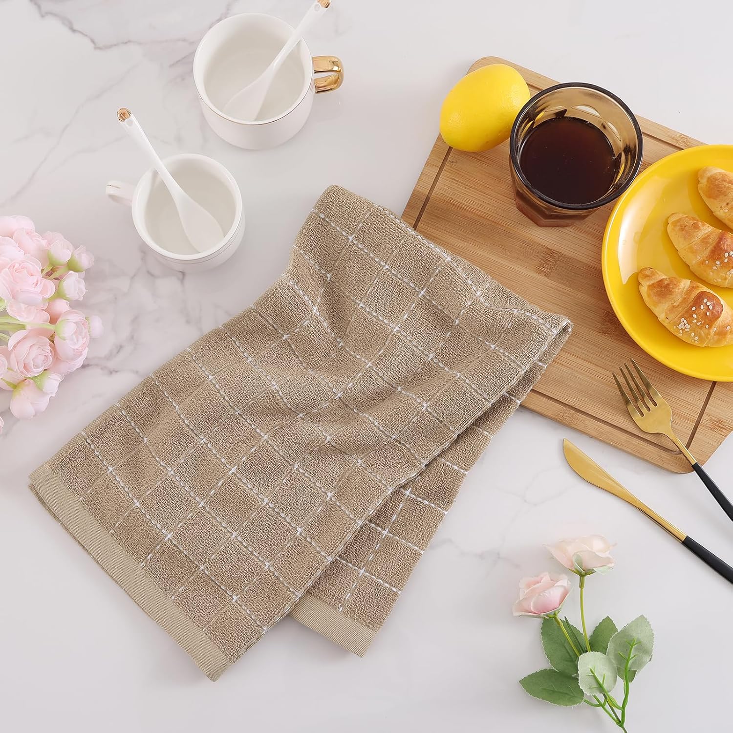 Mordimy 100% Cotton Terry Cloth Kitchen Towels, Super Soft and Absorbent Dish Towels for Drying, Checkered Designed Hand Towels for Kitchen, 16 x 26 Inches, 8 Pack, Tan