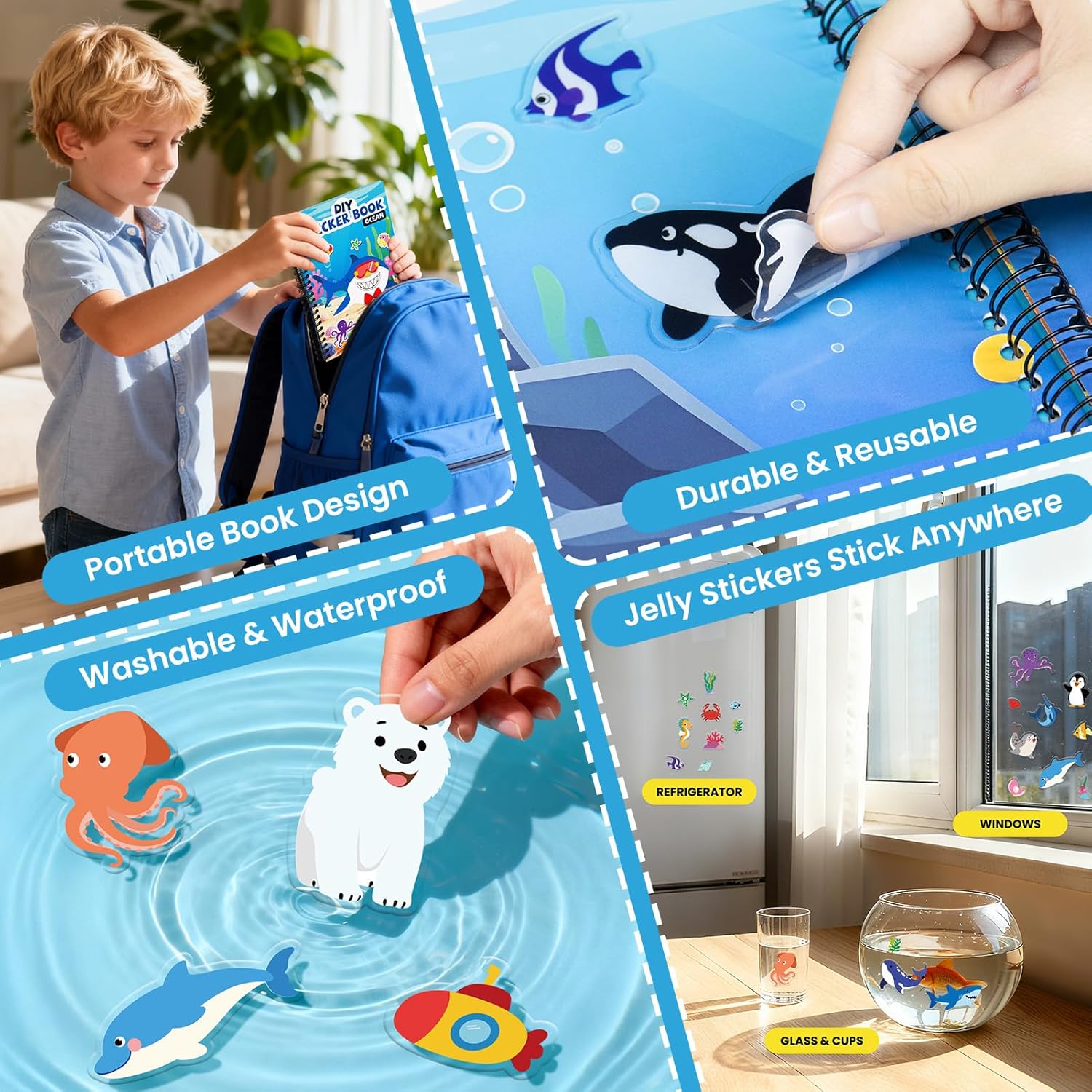 Ocean Reusable Sticker Book for Toddlers, DIY Make-a-face Animals Jelly Fun 3D Stickers, Washable Puffy Stickers for Kids Toys, Airplane Road Trip Travel Activities Essentials for Kids 3 4 5 Years