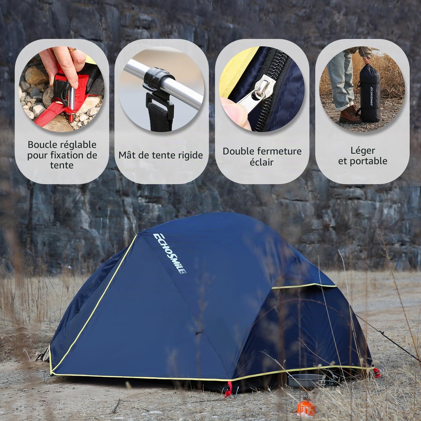 EchoSmile Tente de Camping 2-3 Personnes Ultralégère, Tente Trekking Double Couche 3-4 Saisons, Imperméable PU3000 mm & Coupe-Vent, pour Randonnée, Alpinisme, Festival