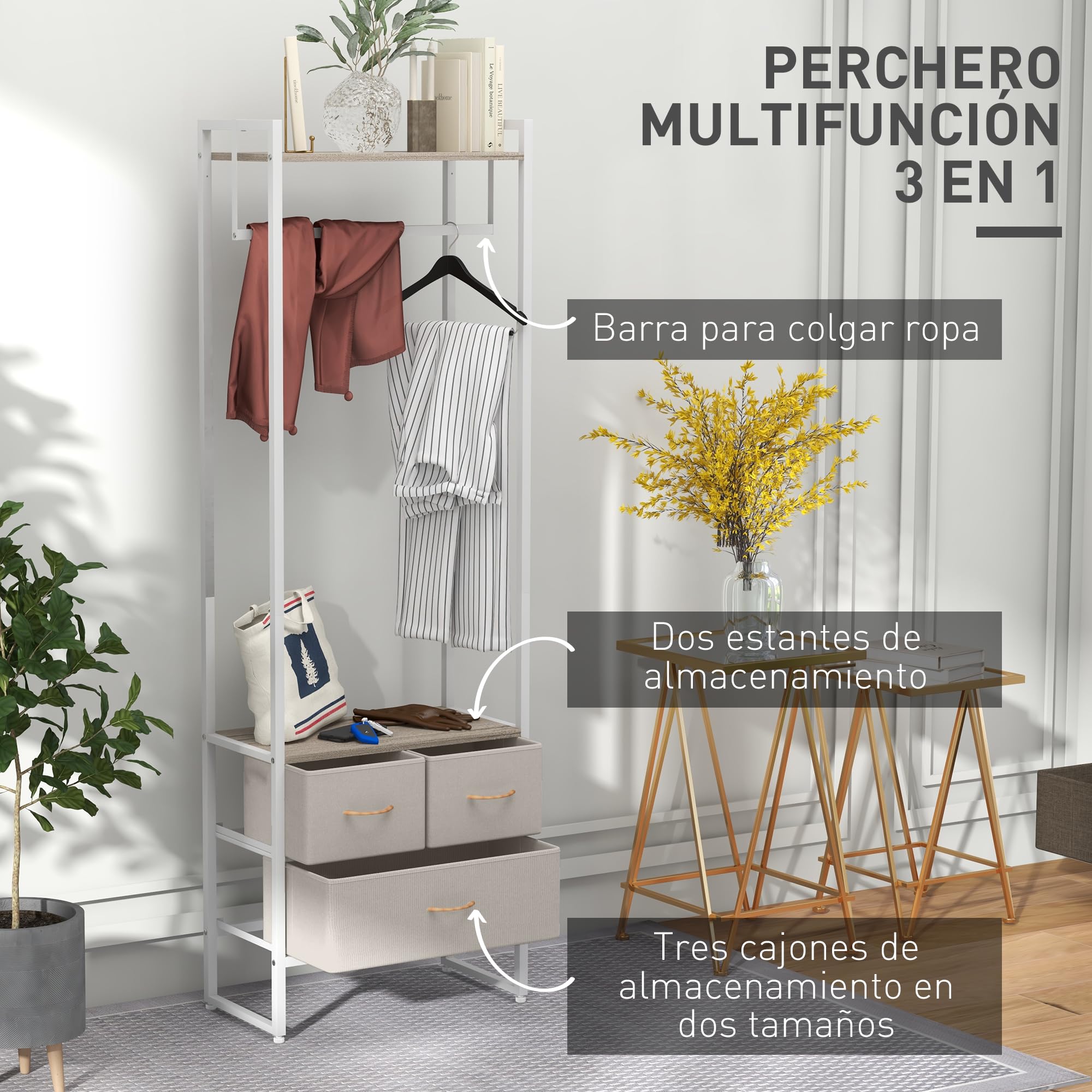 HOMCOM Perchero para Ropa Perchero Recibidor con 3 Cajones de Tela Barra para Colgar y Estante de Almacenamiento para Pasillo Dormitorio Sala de Estar 58,5x30x178 cm Natural