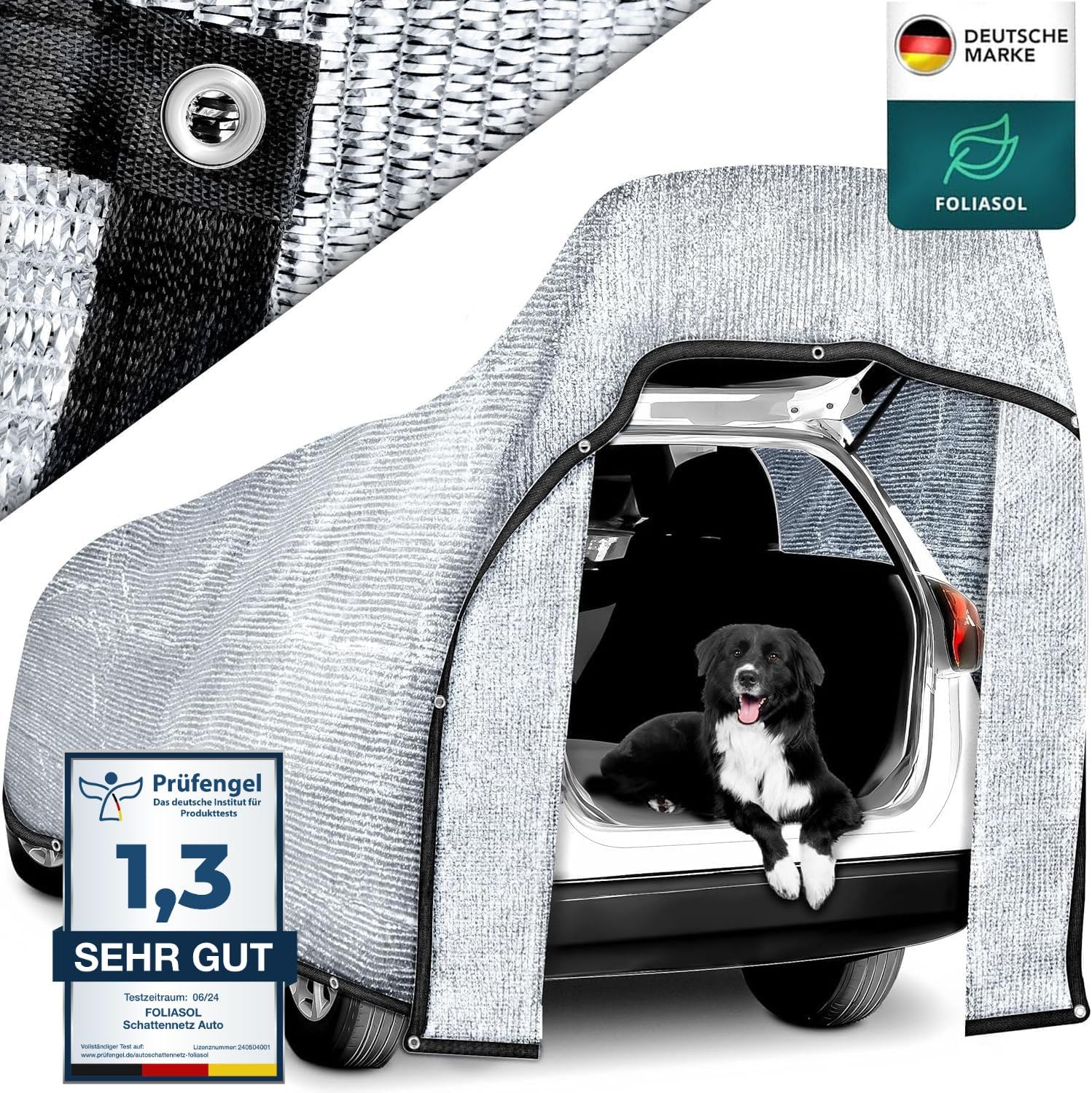 Schattennetz Auto 4x6 m | Alunetz Hund mit Ösen 80% UV | Alu Sonnenschutz für Camping & Urlaub | Sonnenschutznetz mit Befestigung | Hitzeschutz Aluminium luftdurchlässig
