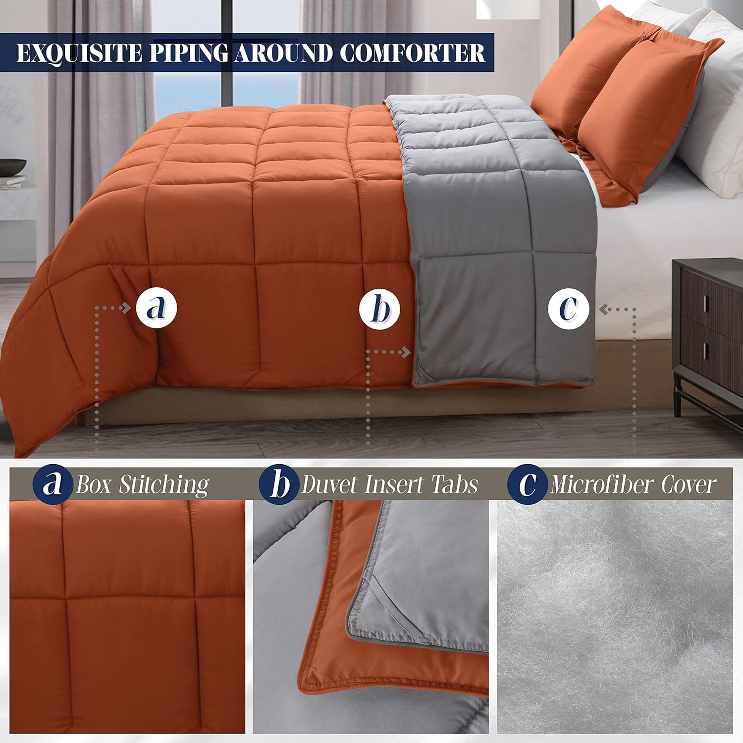 Elegant Comfort 3-Piece Reversible Comforter Set, All Season Cozy, Soft Down Alternative, Quilted - Box Stitched - Duvet Insert with 4 Corner Tabs, Comforter with Shams, Twin, Coral/Gray