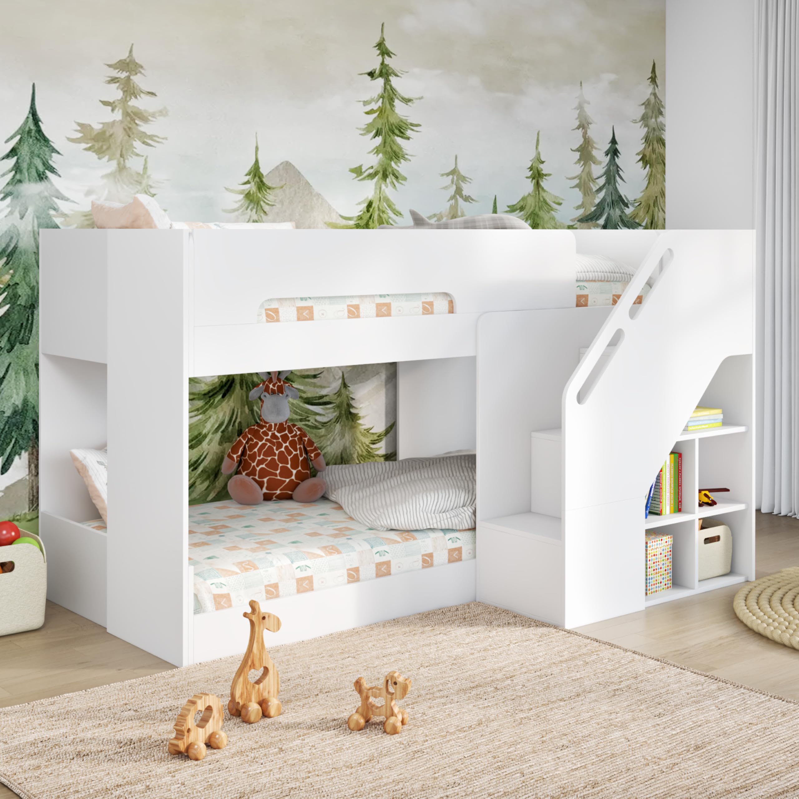 Flair Furnishings - Phobo Low Staircase Bunk Bed with Storage (White) | Heavy Duty, Compact & Space-Saving Design with Integrated Shelving, Guard Rail for Added Safety, Sleek & Stylish