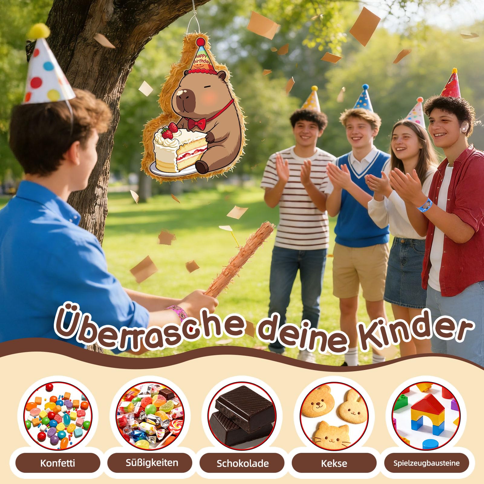 Pinata Geburtstag mit Stab & Maske, Capybara Pinata Set mit 96 Capybara Füllungen, Partypinata zum Aufhängen Befüllen, Piñata als Party Deko in 43x31x7 cm