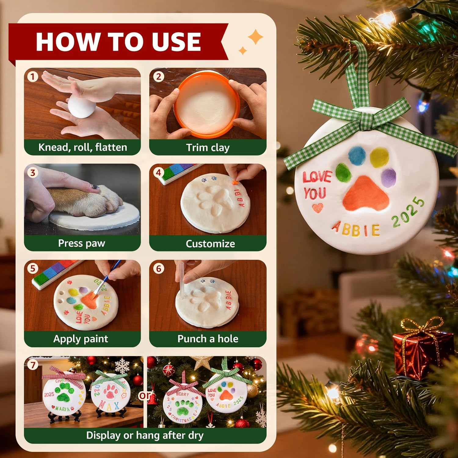 LOOBANI 3packs Dog Paw Print Ornaments Kit,DIY Pet Footprint Memorial Impression Keepsake for Puppy and Cats Owners with Light Clay & Deluxe Tool Set (Dog Paw Ornament Kit-3packs) - Image 4