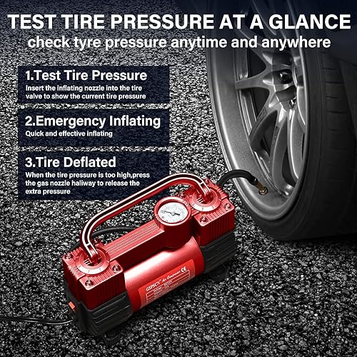 Vista 13 de GSPSCN Inflador de neumáticos de doble cilindro resistente, compresor de aire portátil de metal DC 12V - Accesorios para automóvil, bomba de Titanio