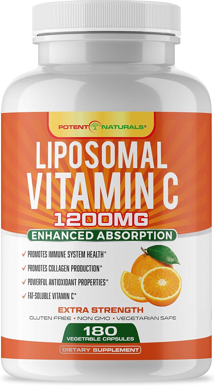 POTENT NATURALS Liposomal Vitamin C 1200mg -180 Capsules - High Absorption Ascorbic Acid - Supports Immune System & Collagen Booster, Powerful Antioxidant