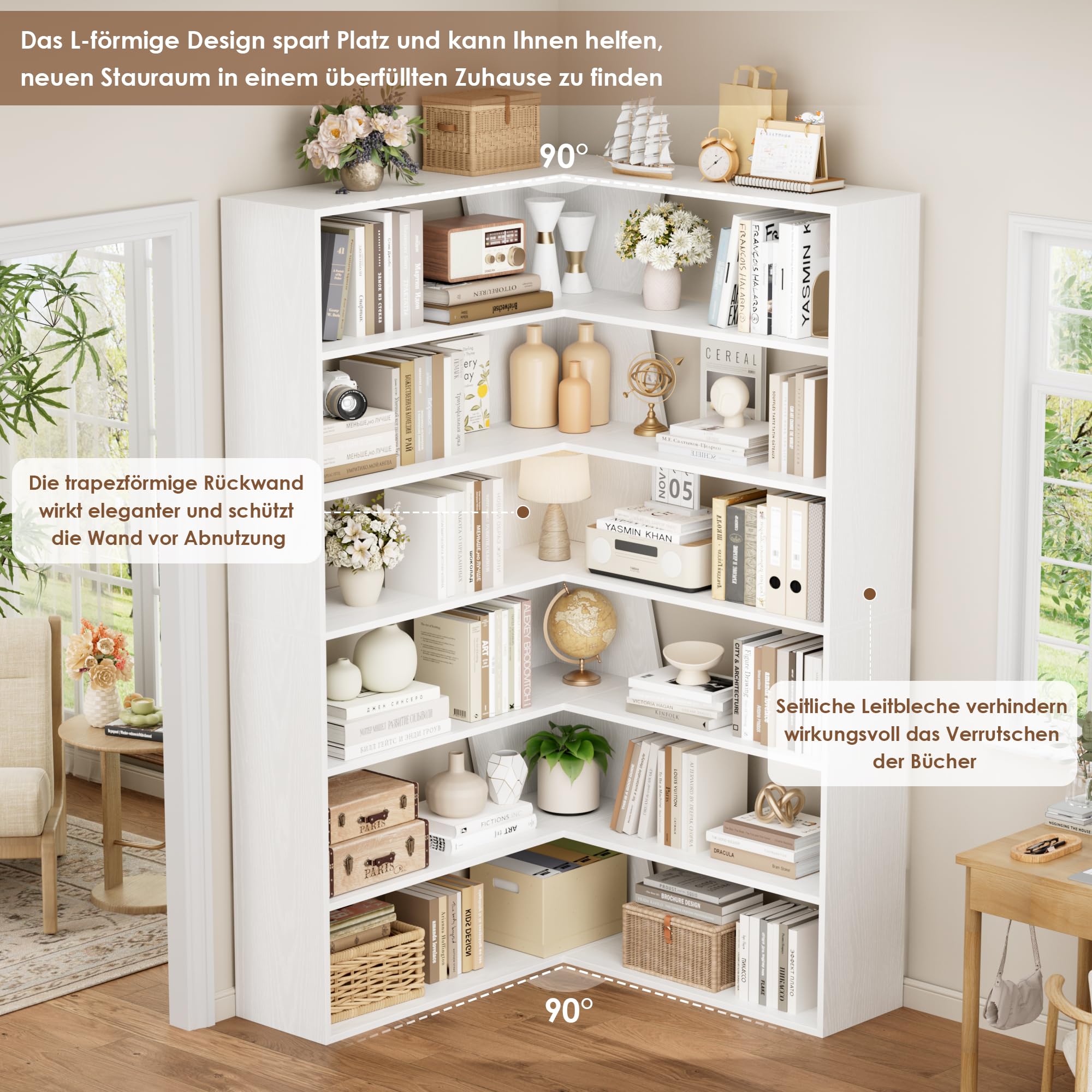 FirFurd Eckregal Bücherregal Eckschrank mit 6 Ebenen 90x90x190,5 cm weiß | Eckbücherregal stehend, L-förmiger Bücherschrank, Eckvitrine, für Arbeitszimmer Wohnzimmer Bibliotheken geeignet
