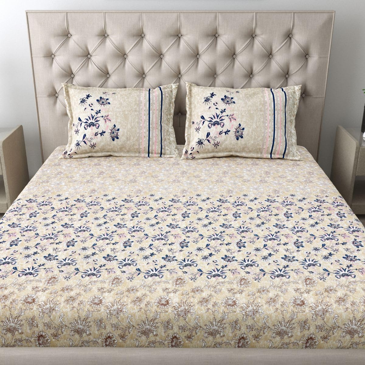 MAFATLAL 100% Cotton King Size Bedsheet (108x108 inches)|186 TC|Spring Glory Floral Design|Soft, Breathable, All-Season Bedsheet with 2 Pillow Covers, Blue-picture-11