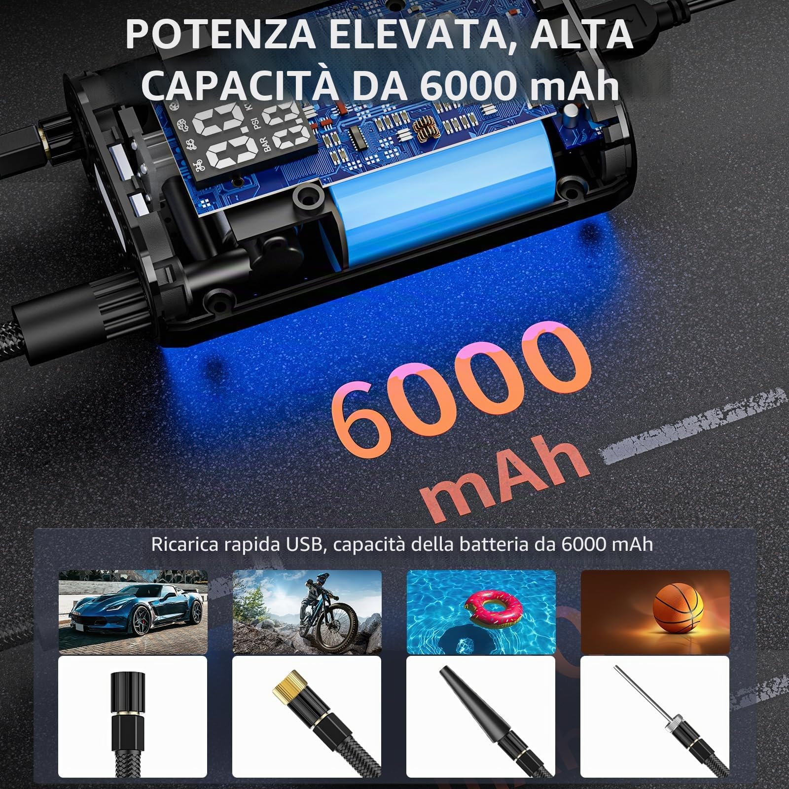 EUARY 6000mAh Mini Compressore Aria Portatile Auto, 150PSI Gonfiatore Bici Elettrico con Schermo LCD Digitale e Torcia LED, Pompa Elettrica per Bicicletta, Auto, Moto, Monopattino, Palloni