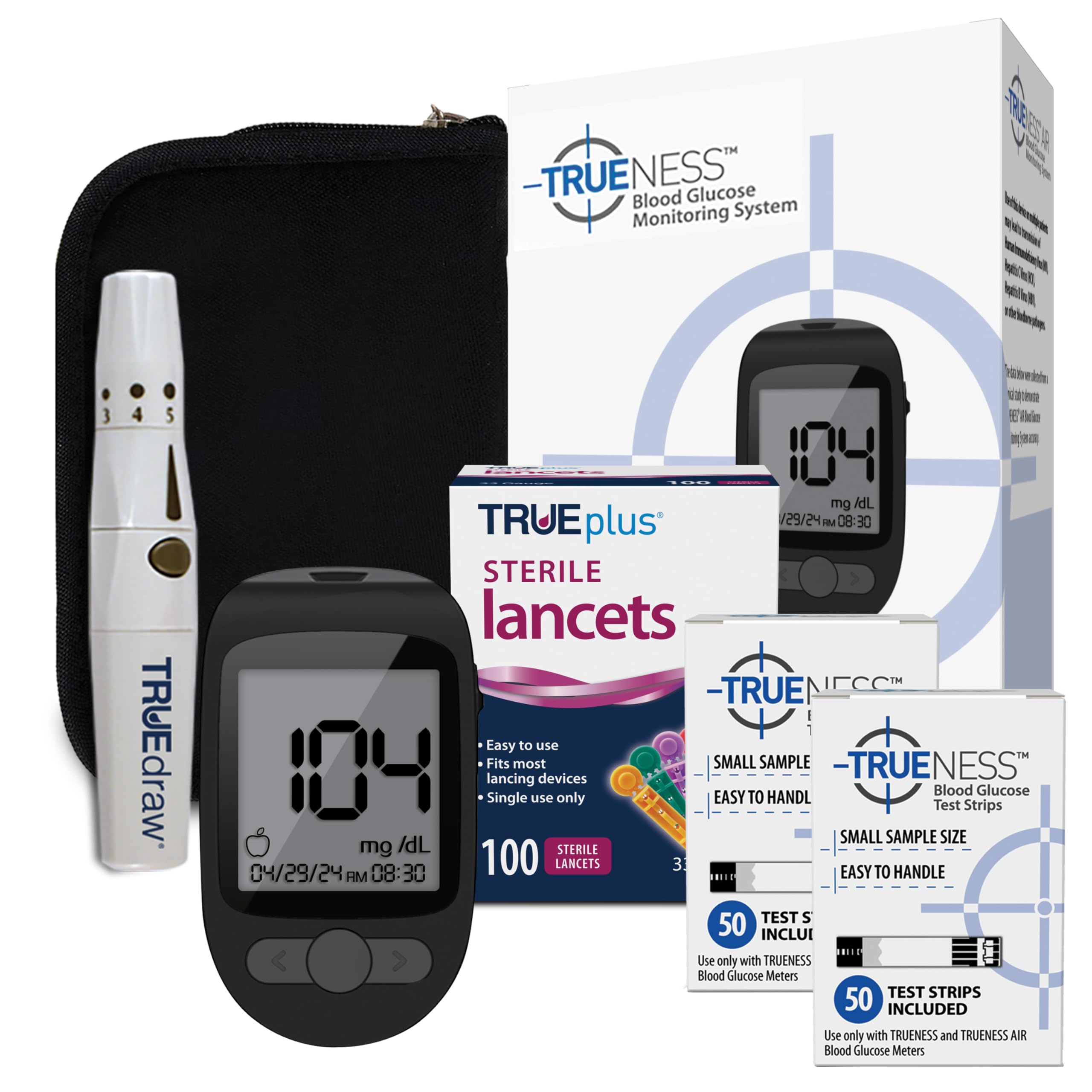 TRUENESS Blood Glucose Meter Bundle - Blood Glucose Monitor, Case, 100 Test Strips, 100 Lancets, Lancing Device - Fast, Easy Testing Supplies for Home Use
