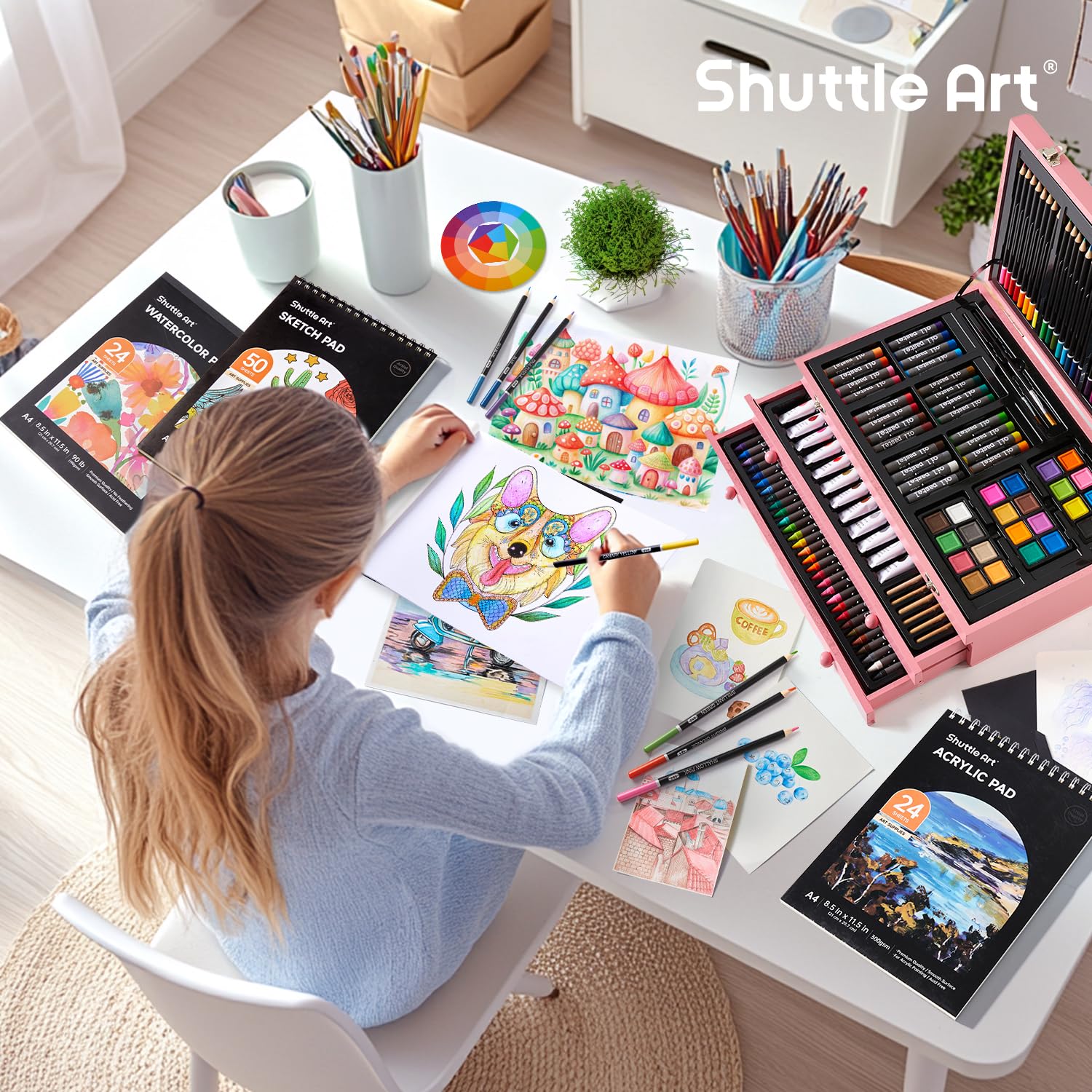 Shuttle Art Luksusowy zestaw upominkowy, 202-częściowy zestaw drewnianych materiałów artystycznych z 4 podkładkami do rysowania, płótnami, kolorowankami, farbą akrylową, kredkami, pastelami olejnymi,