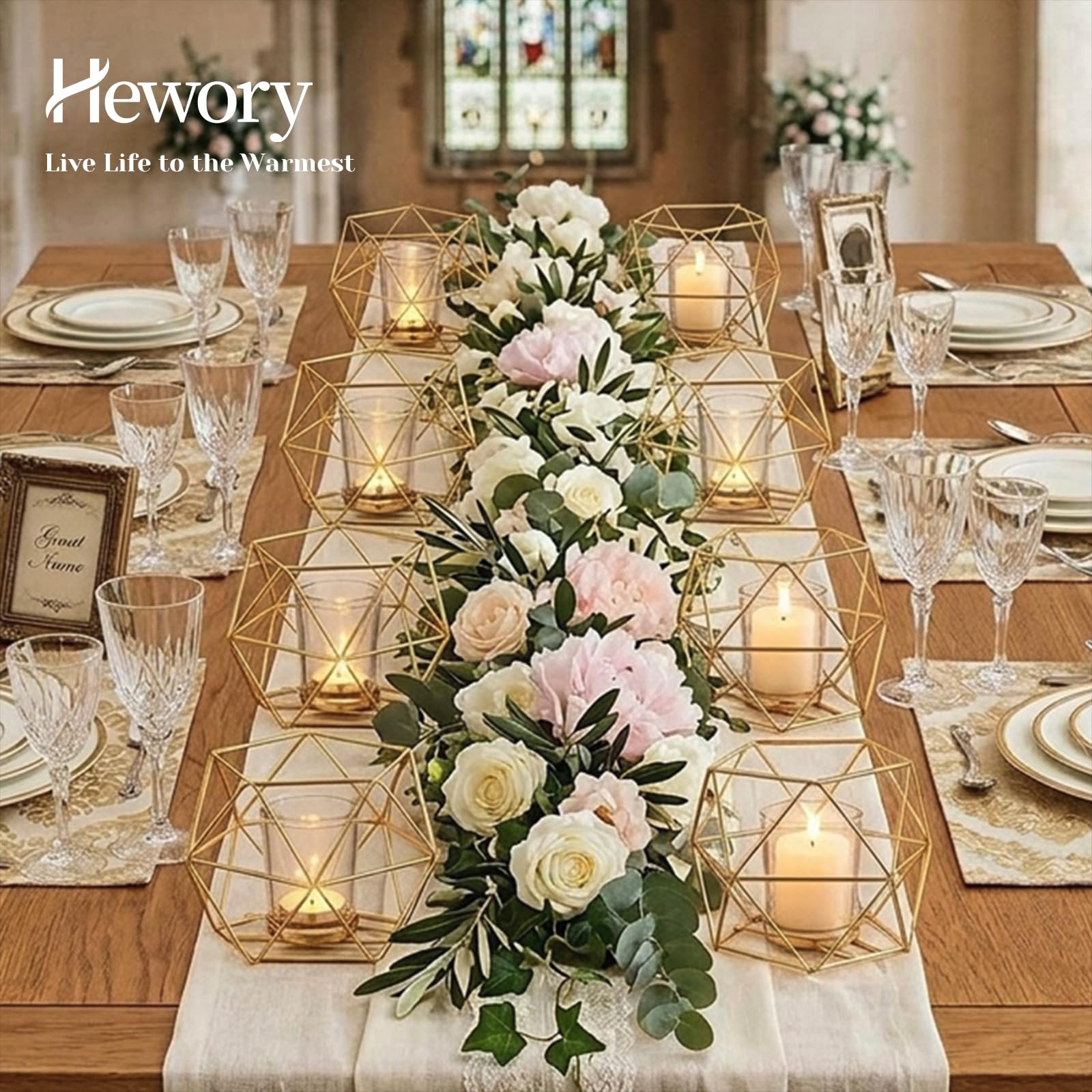 Hewory 12er Set Gold Teelichthalter Glas Modern Kerzenhalter für Teelicht | Geometrische Form, Dickes Premium-Glas, Windlicht Metall für Hochzeit Deko Wohnzimmer Wohnung, Vielseitige Teelichtgläser
