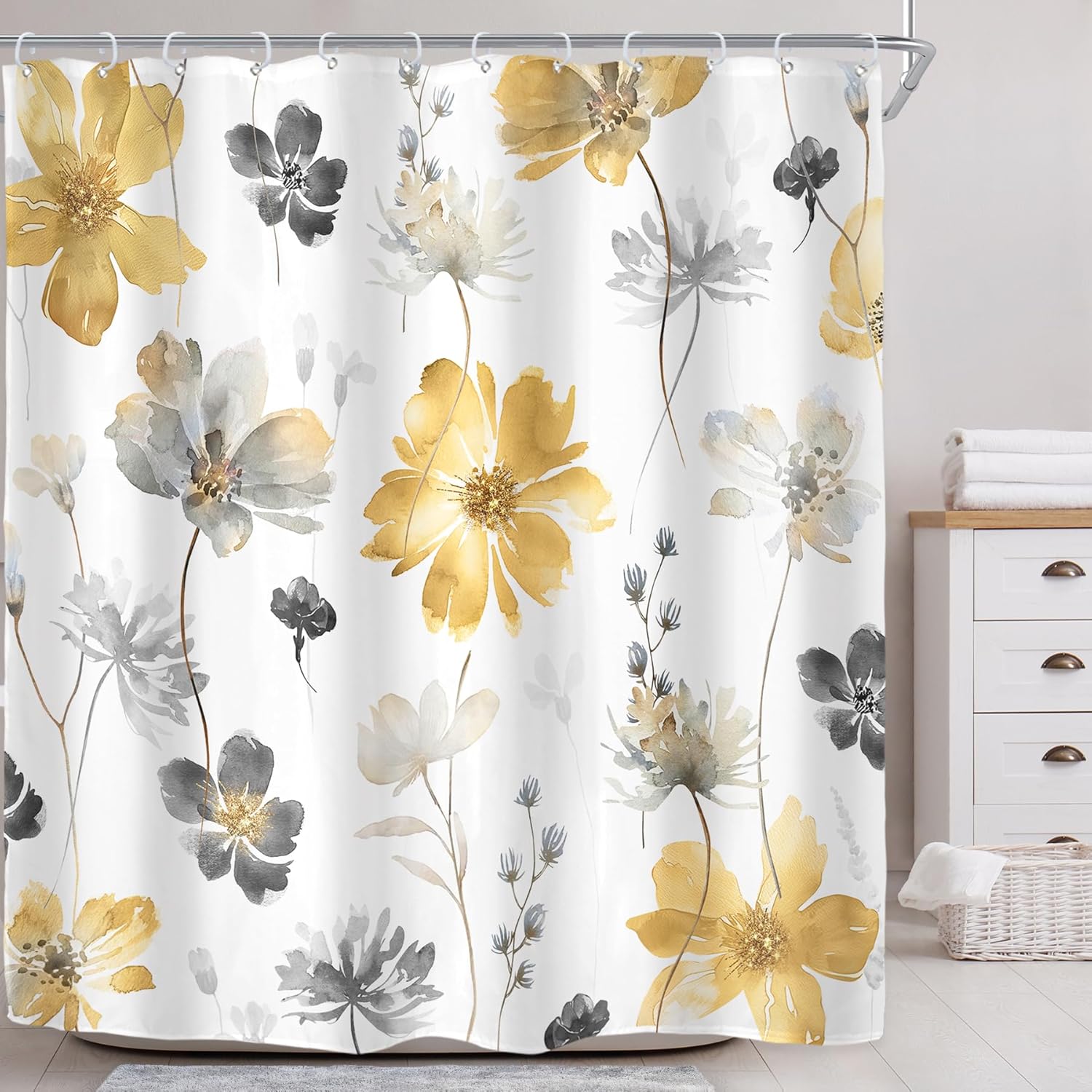Riyidecor Yellow Grey Floral Flower Shower Curtain for Bathroom Decor 72Wx78H Long Wildflower Boho Botanical Watercolor Spring Rustic Art Printed Fabric Polyester Waterproof 12 Pack Plastic Hooks