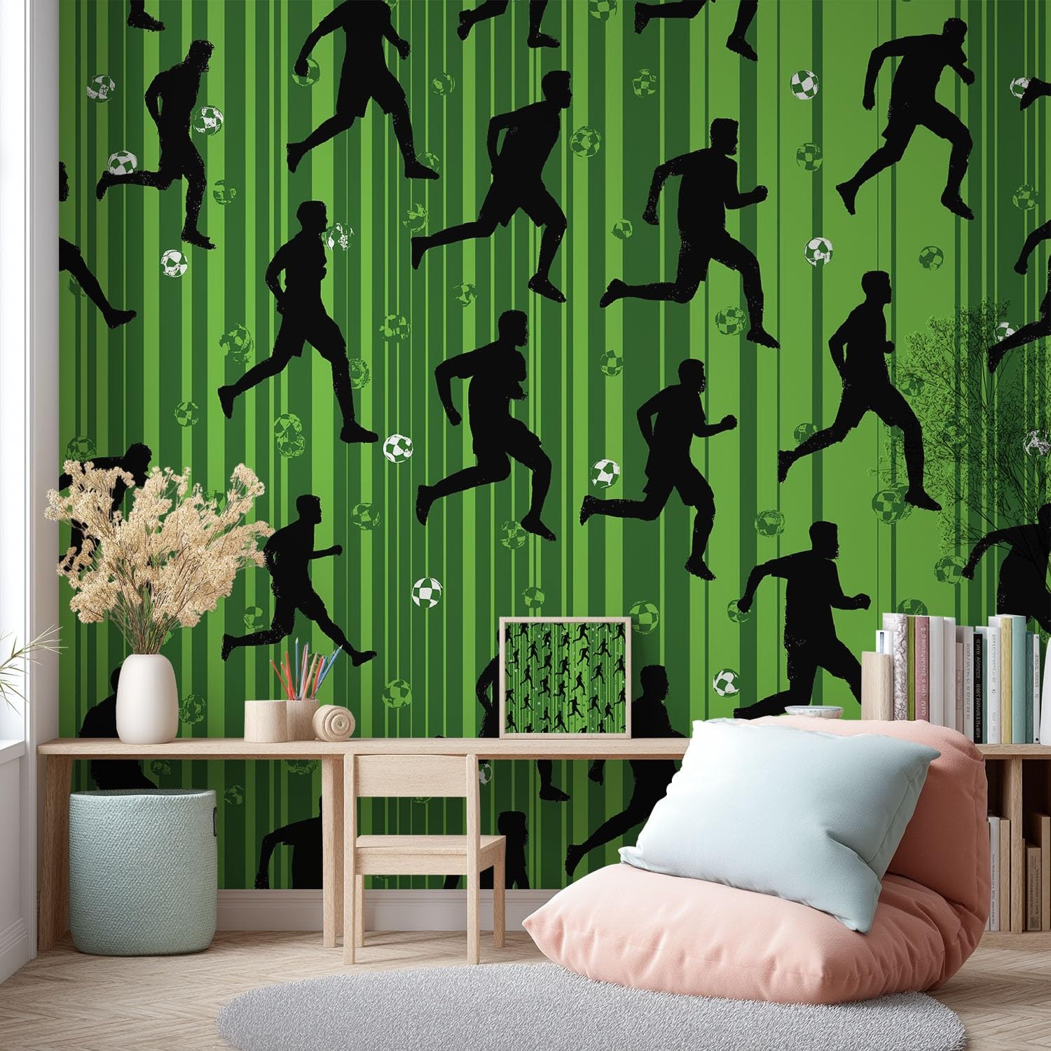 Dekoracja ścienna fototapeta 350 x 256 cm, sportowa powierzchnia, boisko piłkarskie, sylwetki sportowców, tapeta ścienna turkusowa do pokoju chłopców, do pokoju treningowego, tapeta z włókniny, obraz