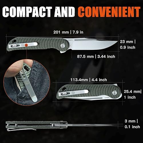 Miniatura 6 de Vosteed Cuchillo de bolsillo cuchillo plegable EDC con hoja de satén de 344 pulgadas de 606in cuchillo ligero con mango y clip de micarta verde