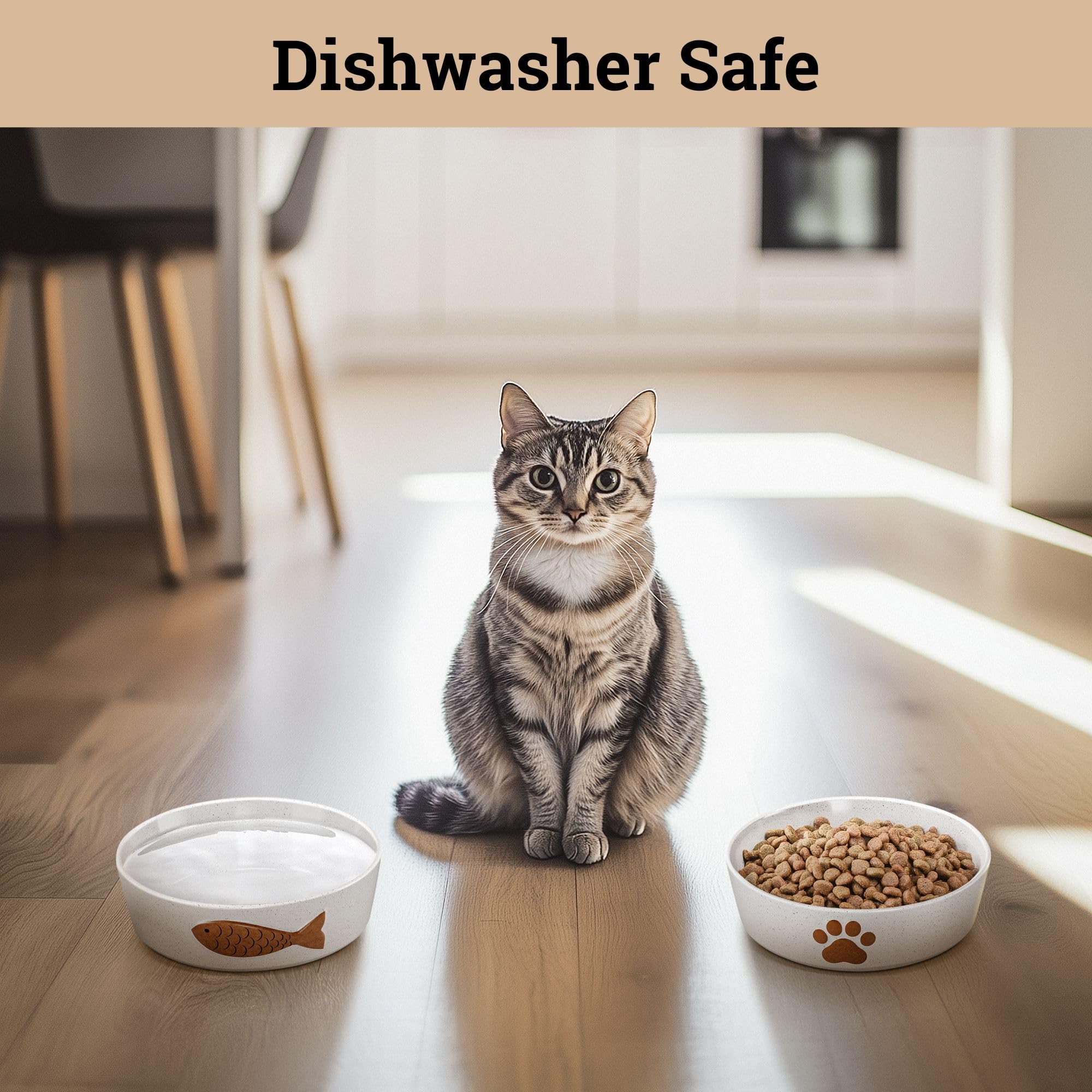 ชุดชามเซรามิกสำหรับแมว 2 ชิ้น - ปลอดภัยต่อหนวดแมว ฐานกันลื่น ล้างในเครื่องล้างจานได้ เหมาะสำหรับใส่อาหารและน้ำให้แมว