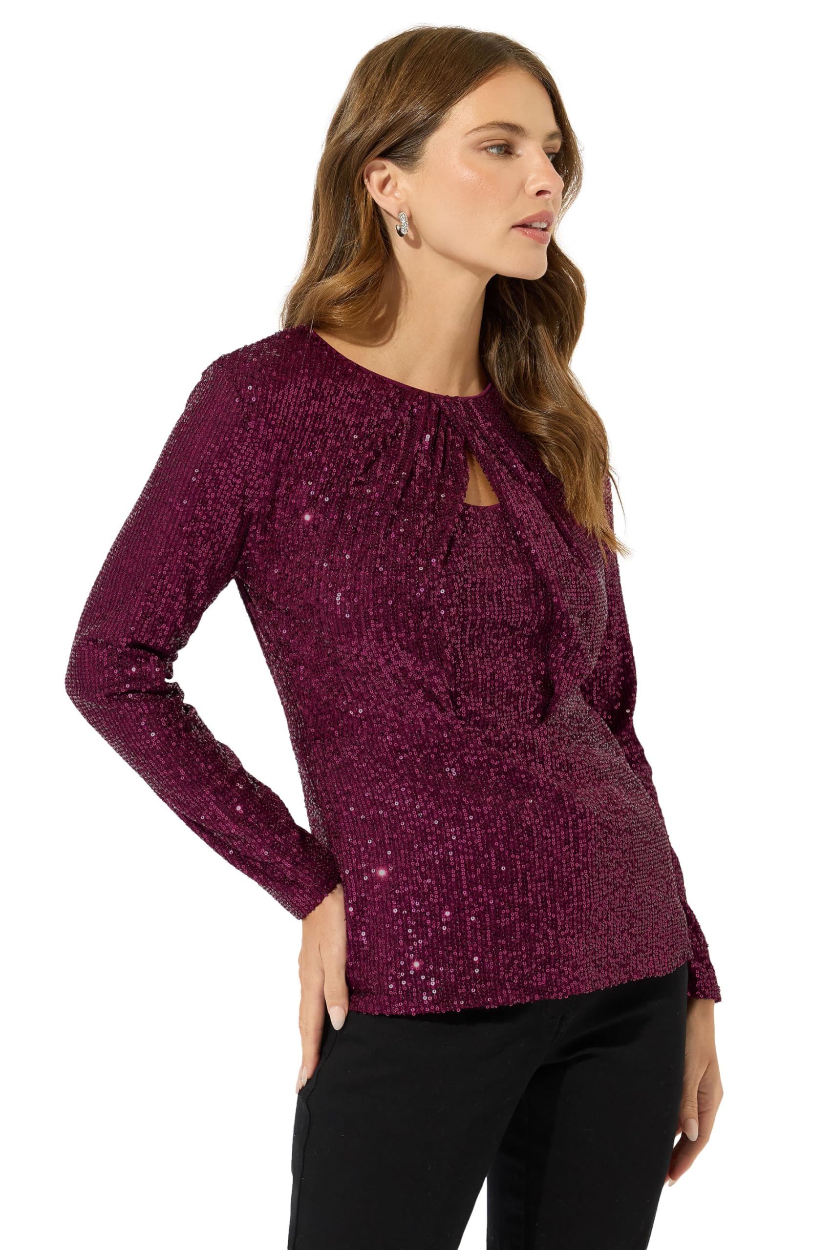 M&Co Women's Red Sequin Twist Neck Keyhole Detail Top