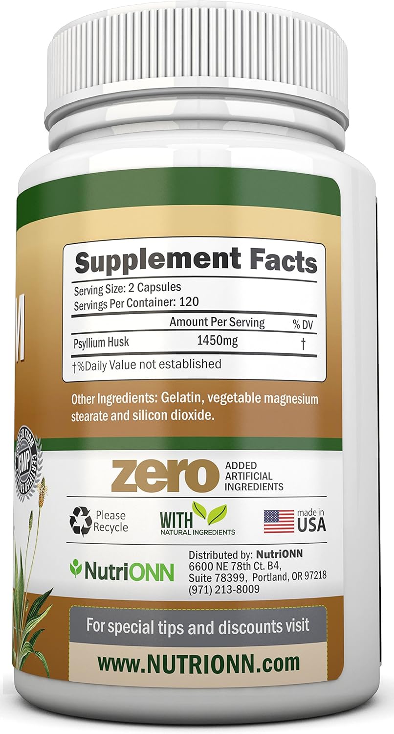 PSYLLIUM Husk Capsules - 1450mg Per Serving - 240 Capsules - Premium Psyllium Fiber Supplement - Great for Constipation, Digestion and Regularity - 100% Natural Soluble Fiber : Health & Household
