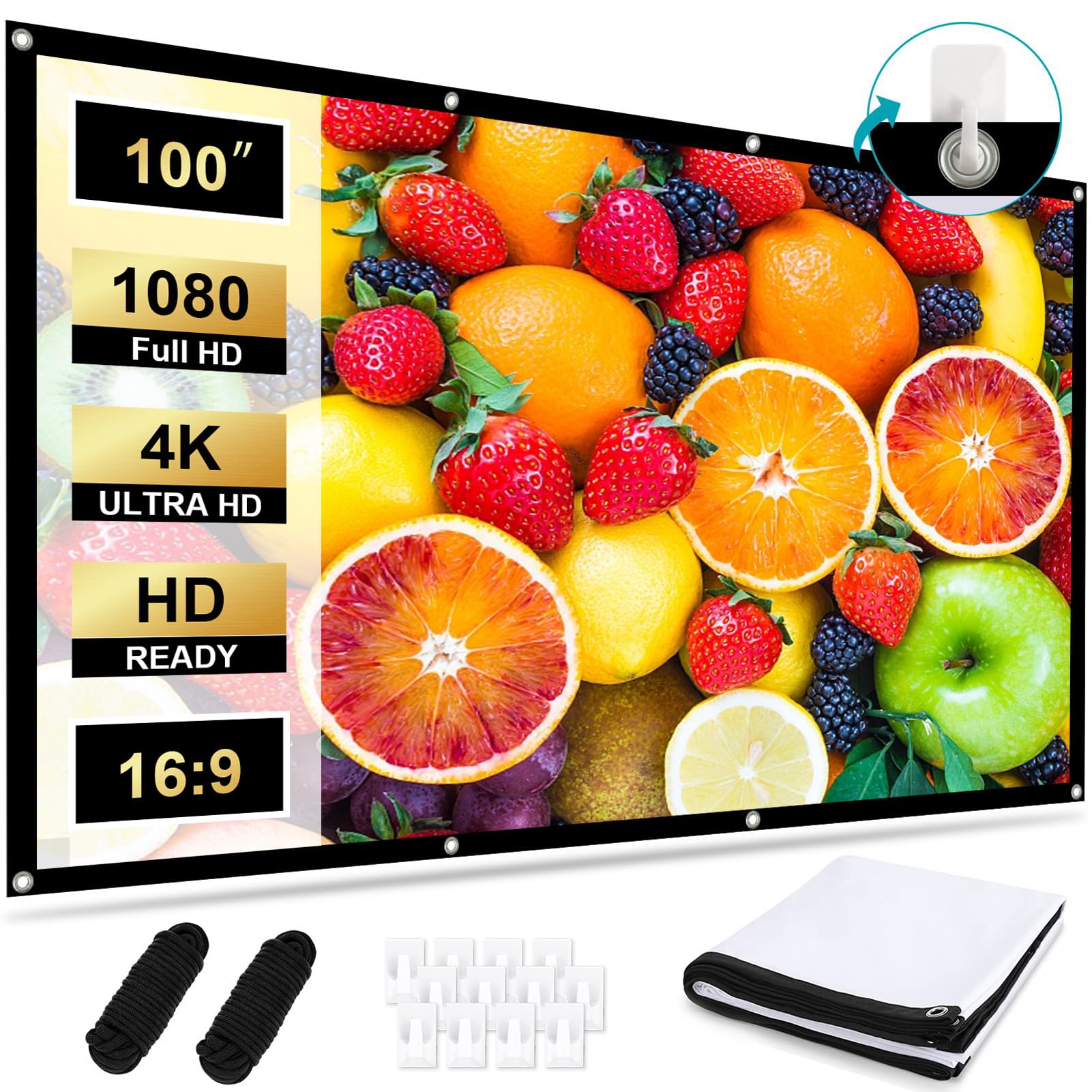 Beamer Leinwand 100 Zoll, einfach aufzuhängen 16: 9 4K HD Projektor Leinwand, Tragbare Leinwände Faltbar Anti-Falten Doppelseitige Projektion 221 x 125 cm, Outdoor und Heimkino