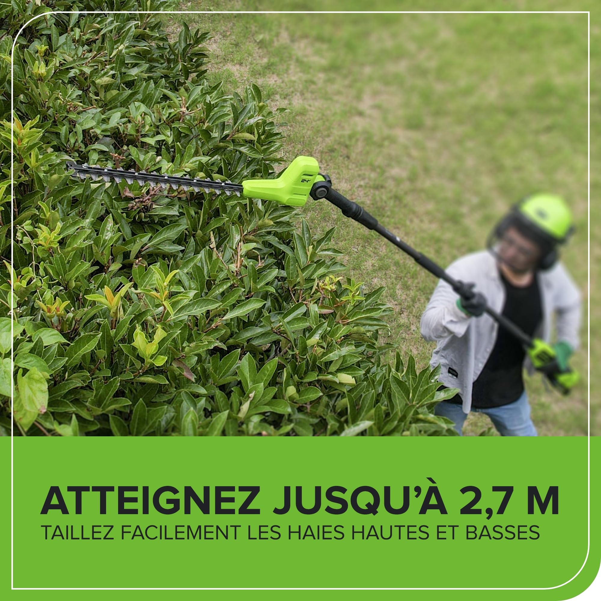 Greenworks 24V Cortasetos Pértiga a Batería con Eje Divisible, Cuchillas Doble Acción 51 cm, Cortes 28 mm, Pivote Cabezal de 112.5°, 3200 SPM SIN Batería ni Cargador PH24B01-01