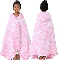 VOOVAMOVAS Kids Hooded Bath Towel 3-10 Years - Soft Absorbent Turkish Cotton Pool Beach Towel, Pink White Daisies Jacquard