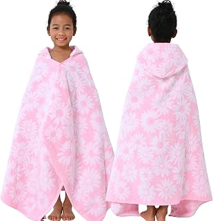 VOOVAMOVAS Kids Hooded Bath Towel 3-10 Years - Soft Absorbent Turkish Cotton Pool Beach Towel, Pink White Daisies Jacquard