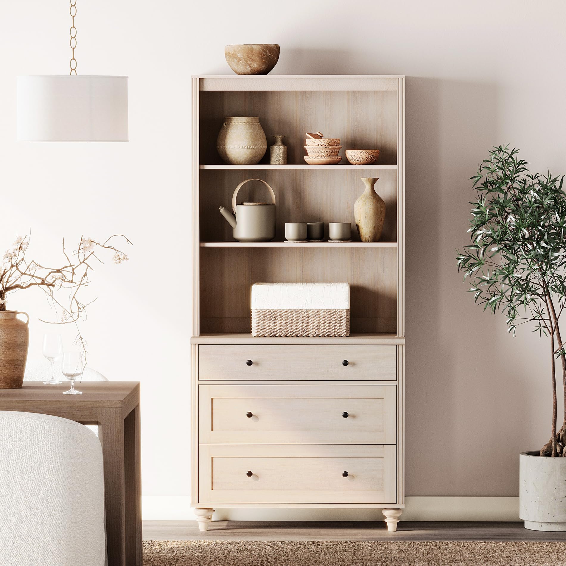 WAMPAT 3 Tier Bookshelf with 3 Drawers, 72" Tall Bookcase Large Farmhouse Display Book Case Shelf with 3-Tier Open Book Shelfs?Library Wood Bookshelves for Living Room,Kitchen, Light Oak(Top half to bookshelf only)