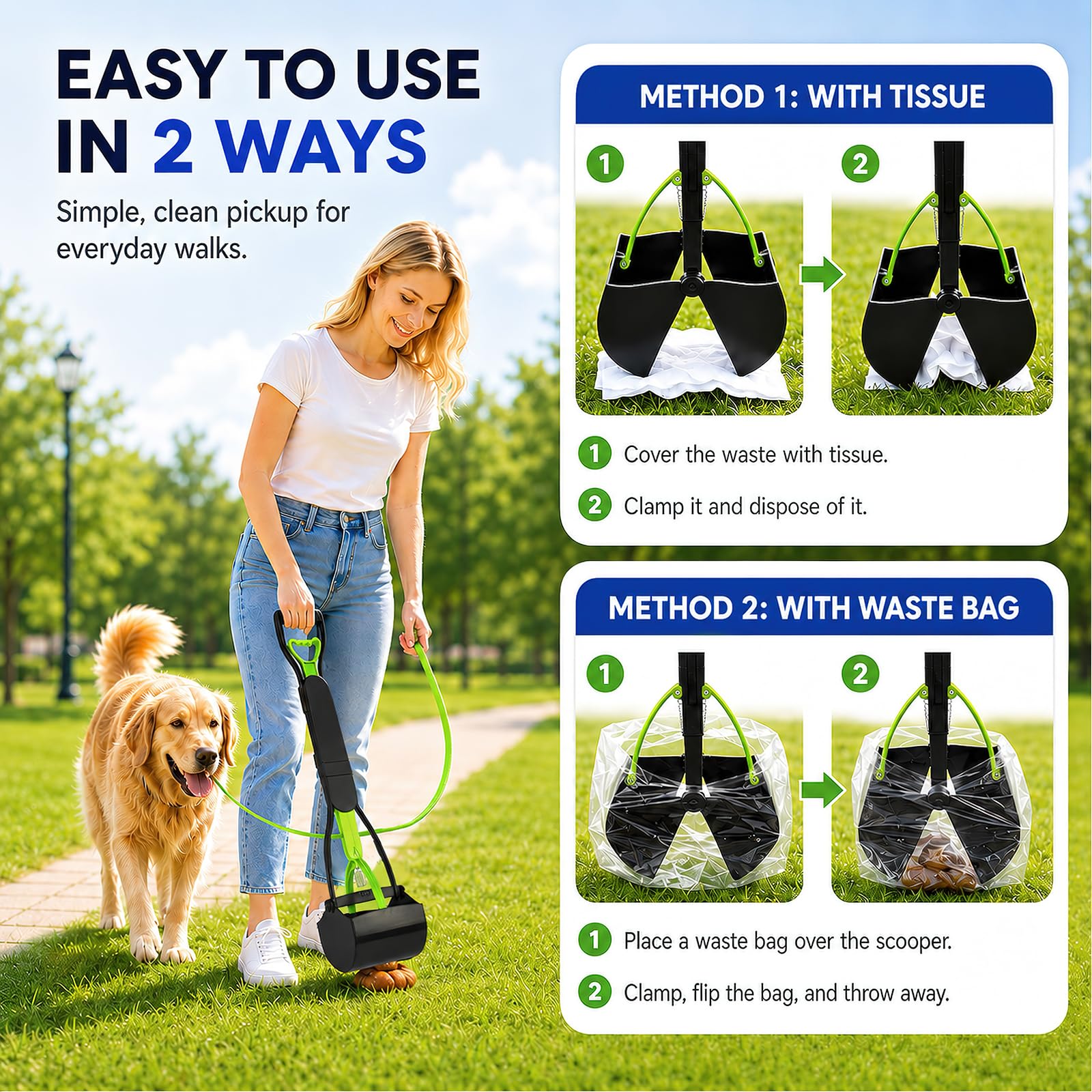 Hundekotsammler Hundekotschaufel 80 cm faltbar | Praktisch & hygienisch, Kotaufnahme ohne Bücken, inkl. Kotbeutelspender & Kotbeutelrolle, für große Hunde & Katzen