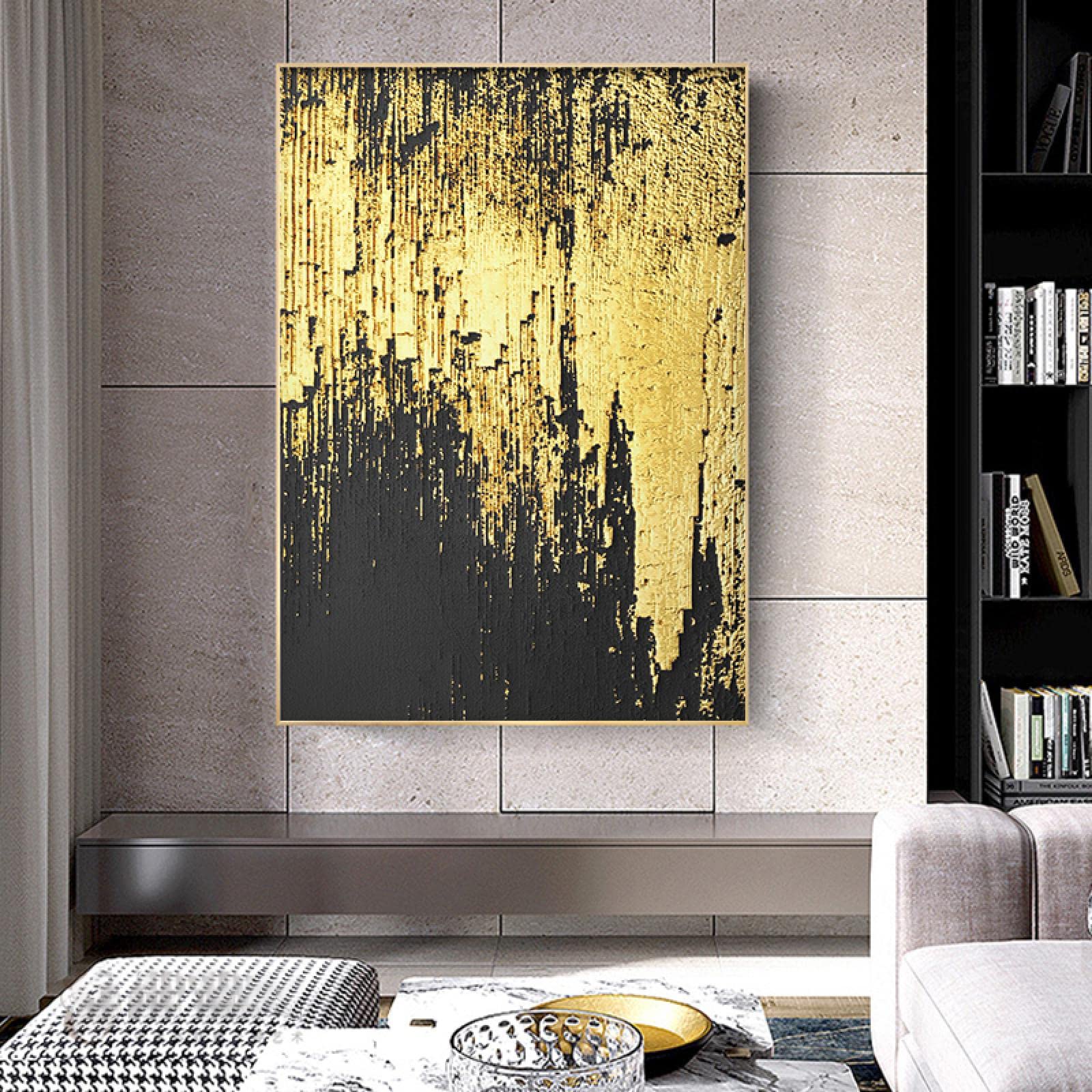 Abstrakte Wandkunst In Schwarz & Gold – 80 X 100 Cm, Gerahmt Auf Leinwand, Modernes Wandbild