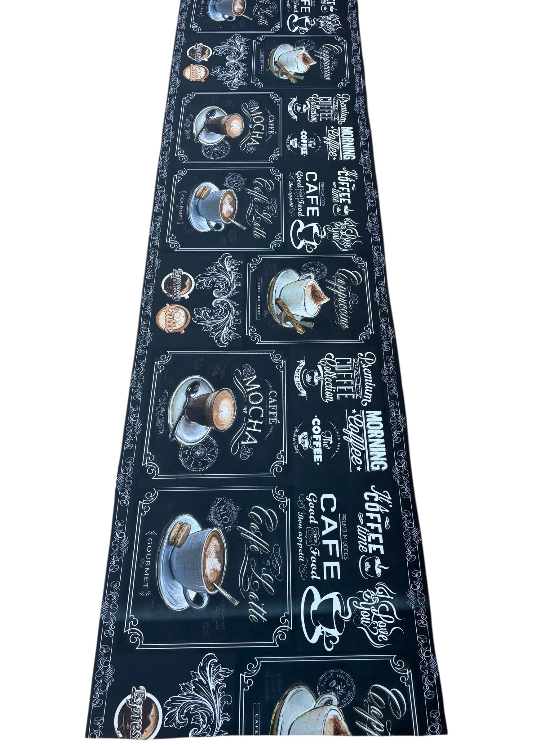 Tappeto Cucina Coffee Time Nero – Stile Chabby Chic Lavagna Vintage con Tazze Caffè | Super Assorbente, Antiscivolo, Lavabile in Lavatrice, Perfetto con Robot e Animali (cm_60_x_300)