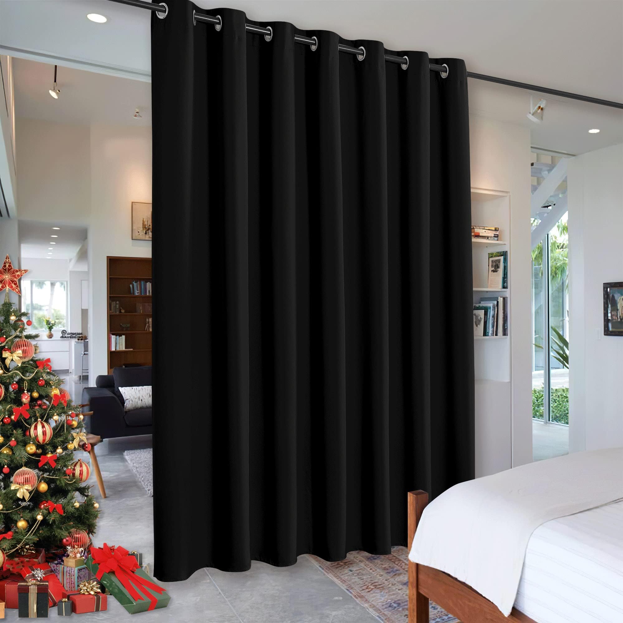 RYB HOME Blackout Thermal Insulated Blind Curtains, Noise Reduce Barrier for Nursery, Portable Curtain for Sliding Glass Door/Storage/Space Room Divider, 8.3 ft Tall x 7 ft Wide, Black, 1 Panel