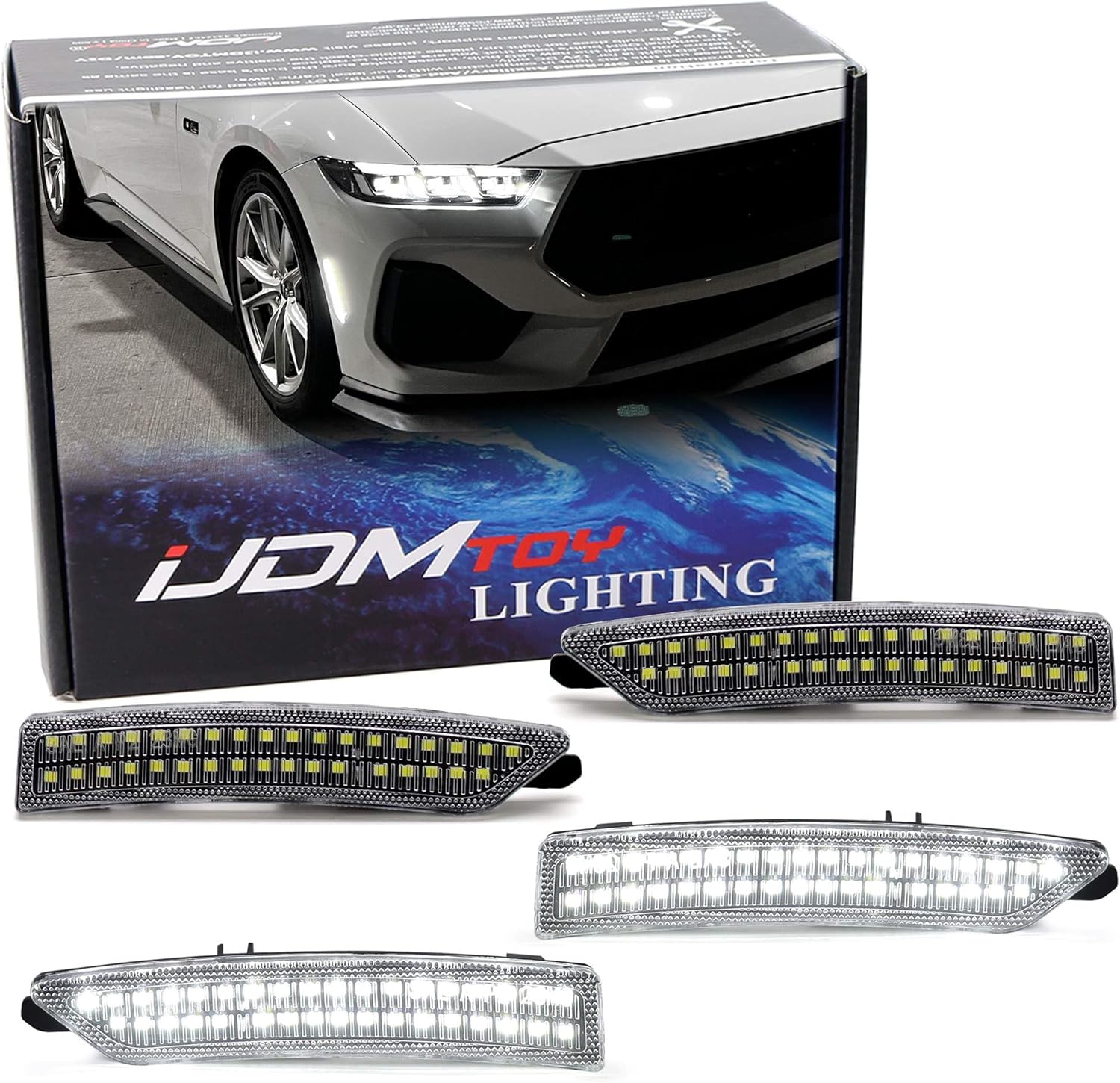 iJDMTOY 4pc Set Clear Lens Xenon White Full LED Dotted Front & Rear Side Marker Light Kit Compatible With Ford 2024-up Mustang (S650)