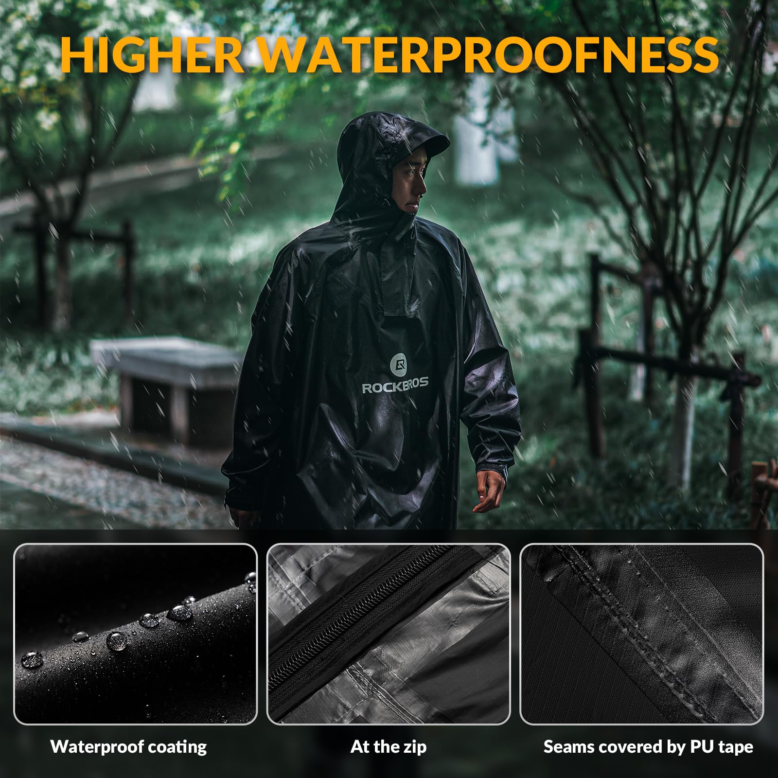 ROCKBROS Manteau de Pluie Réutilisable Poncho de pluie avec Capuche Veste de Pluie Pliable, Multi-usage pour Vélo Camping Randonnée Pêche Hommes Femmes, Noir